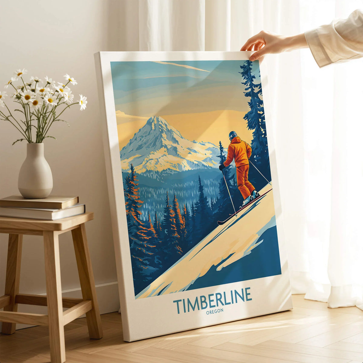 Timberline Wall Art Ski Poster featuring a skier on the slopes with stunning mountain backdrop in Oregon.