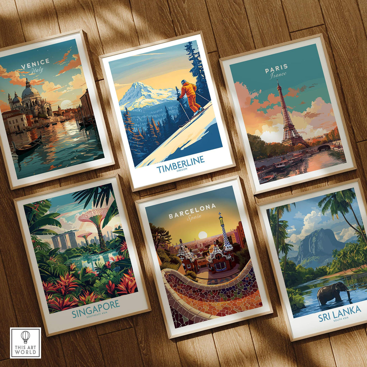 Timberline Wall Art Ski Poster featuring a skier on a beautiful mountainscape, part of a travel-themed collection.
