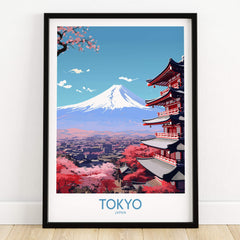 Mount Fuji Wall Art | Modern Style featuring a vibrant Tokyo scene with a traditional pagoda and cherry blossoms.