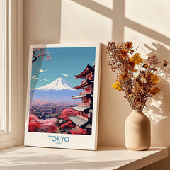 Mount Fuji Wall Art | Modern Style featuring Tokyo skyline and colorful cherry blossoms in a decorative frame.