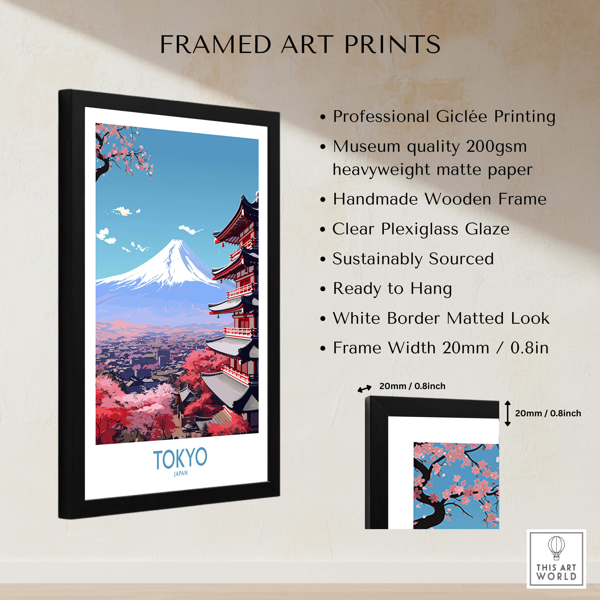 Mount Fuji Wall Art | Modern Style framed print featuring vibrant Tokyo scenery with cherry blossoms.