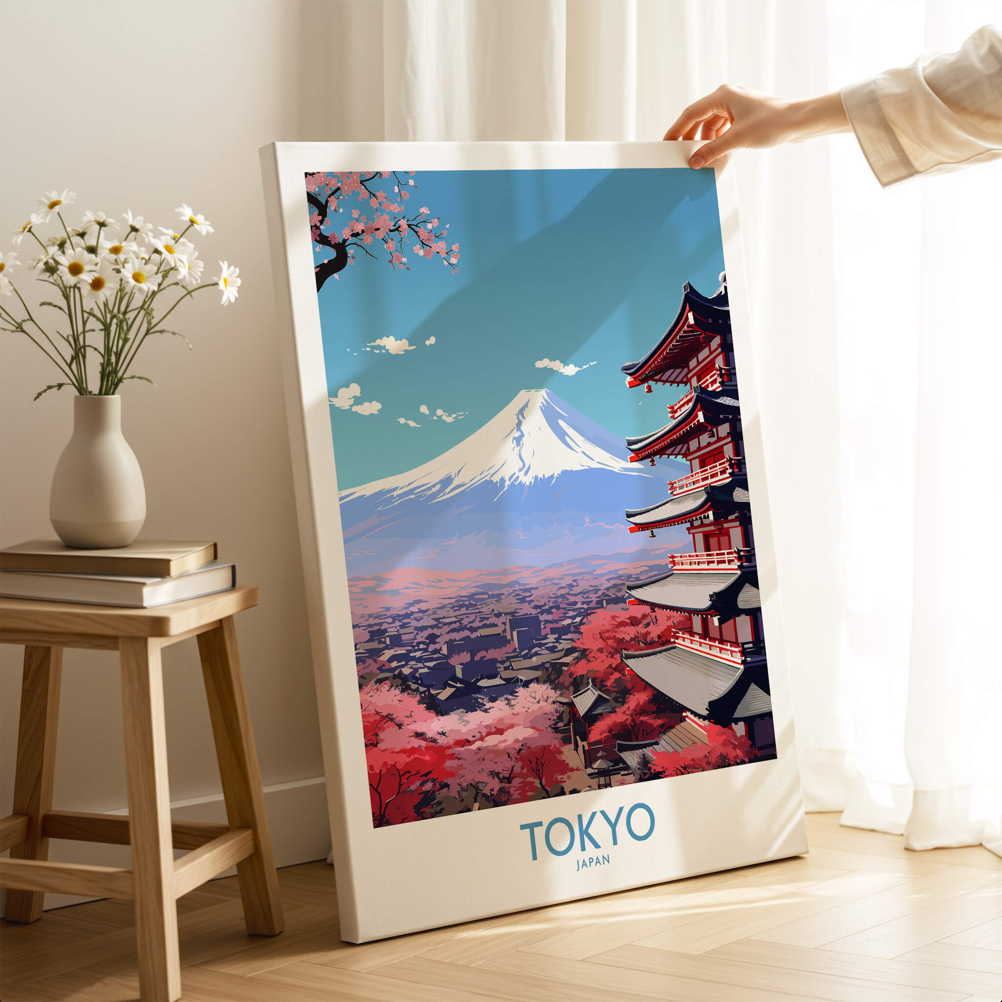 Mount Fuji Wall Art | Modern Style featuring vibrant Tokyo scenery with cherry blossoms and a traditional pagoda.