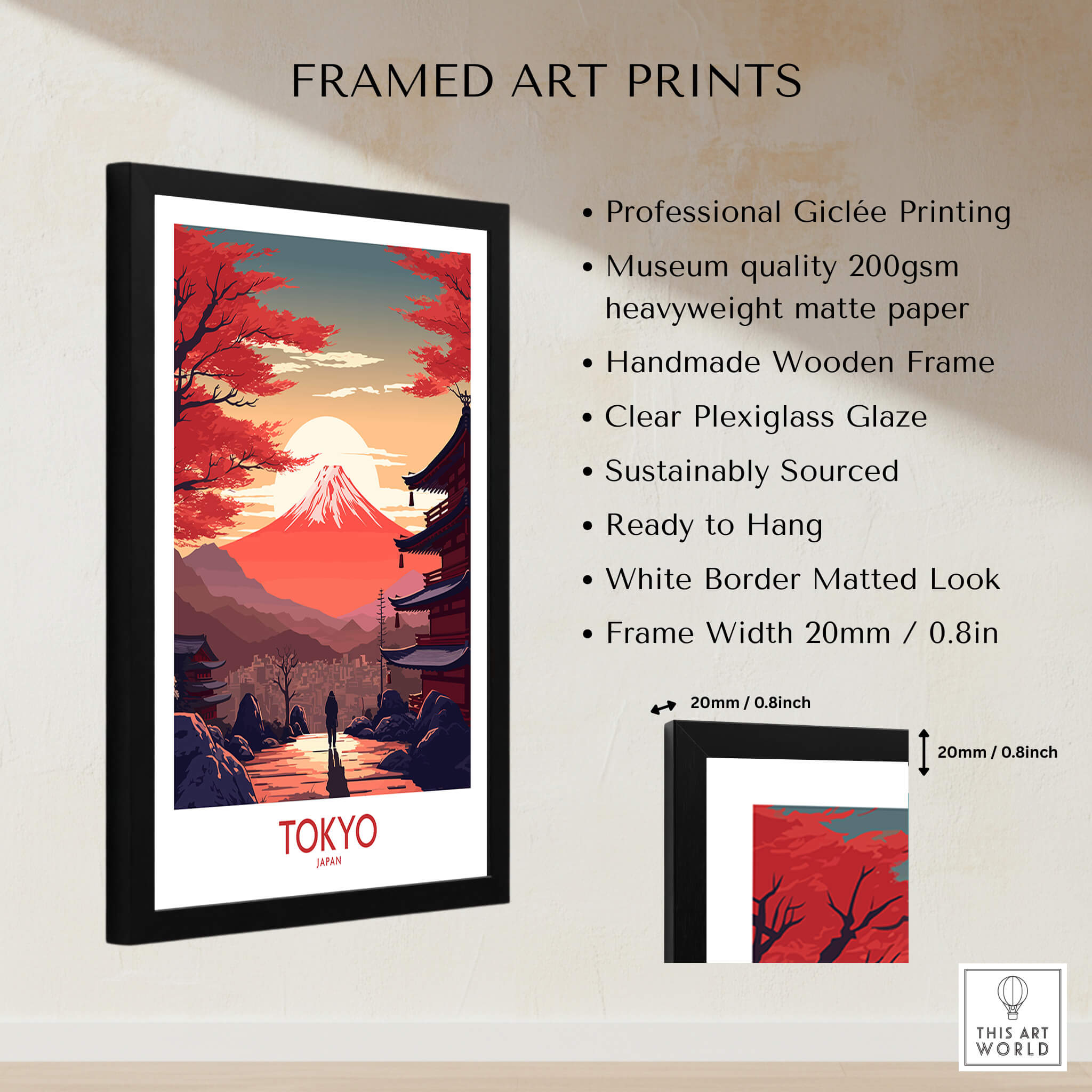 Tokyo Wall Art | Modern Style featuring Mount Fuji and autumn leaves in a framed print.