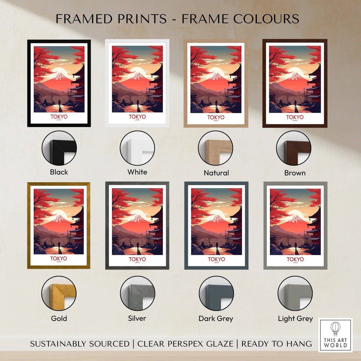 Framed prints showcasing Tokyo Wall Art | Modern Style with various frame colors including black, white, gold, and brown.