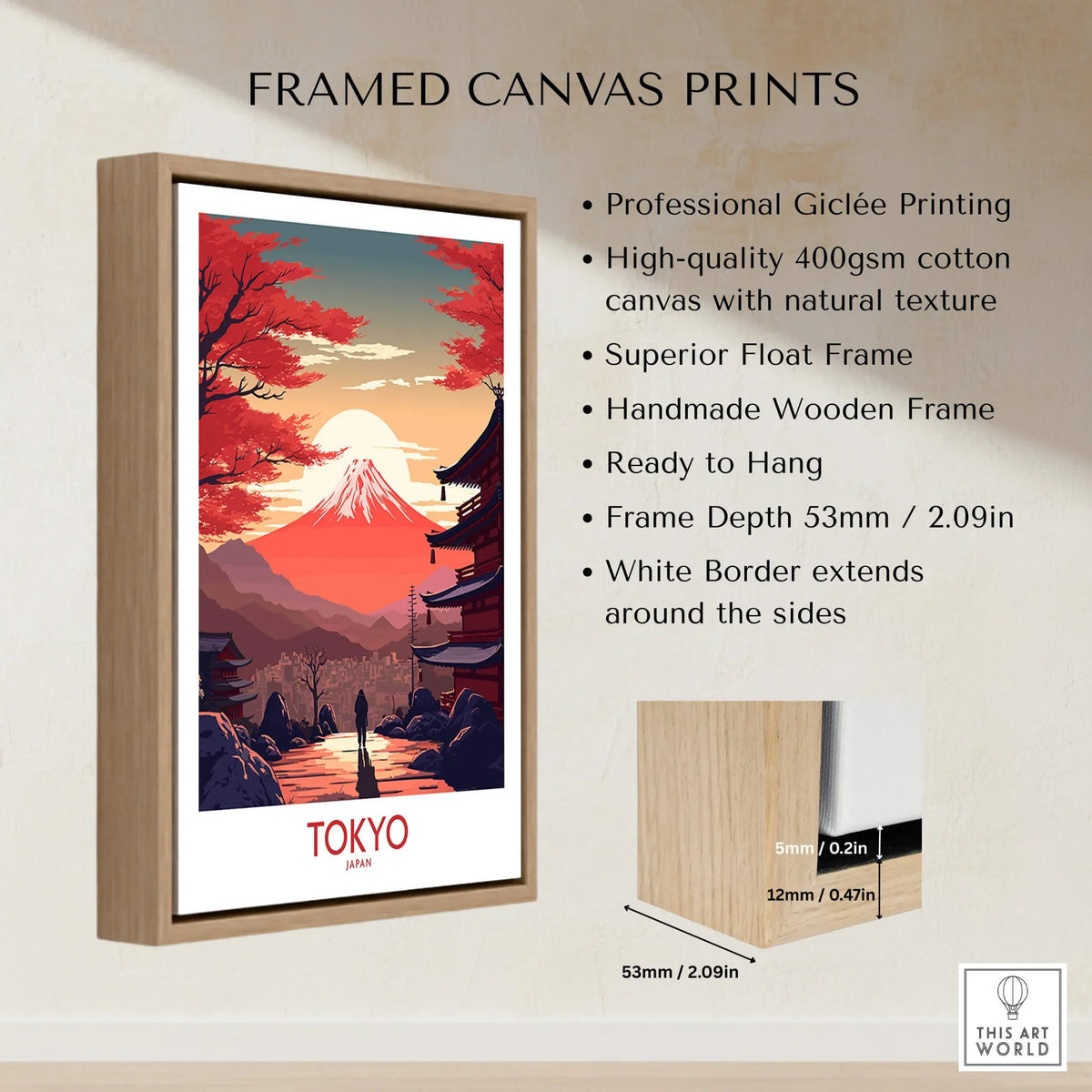 Tokyo Wall Art | Modern Style featuring Mount Fuji in a framed canvas print, highlighting high-quality giclée printing.
