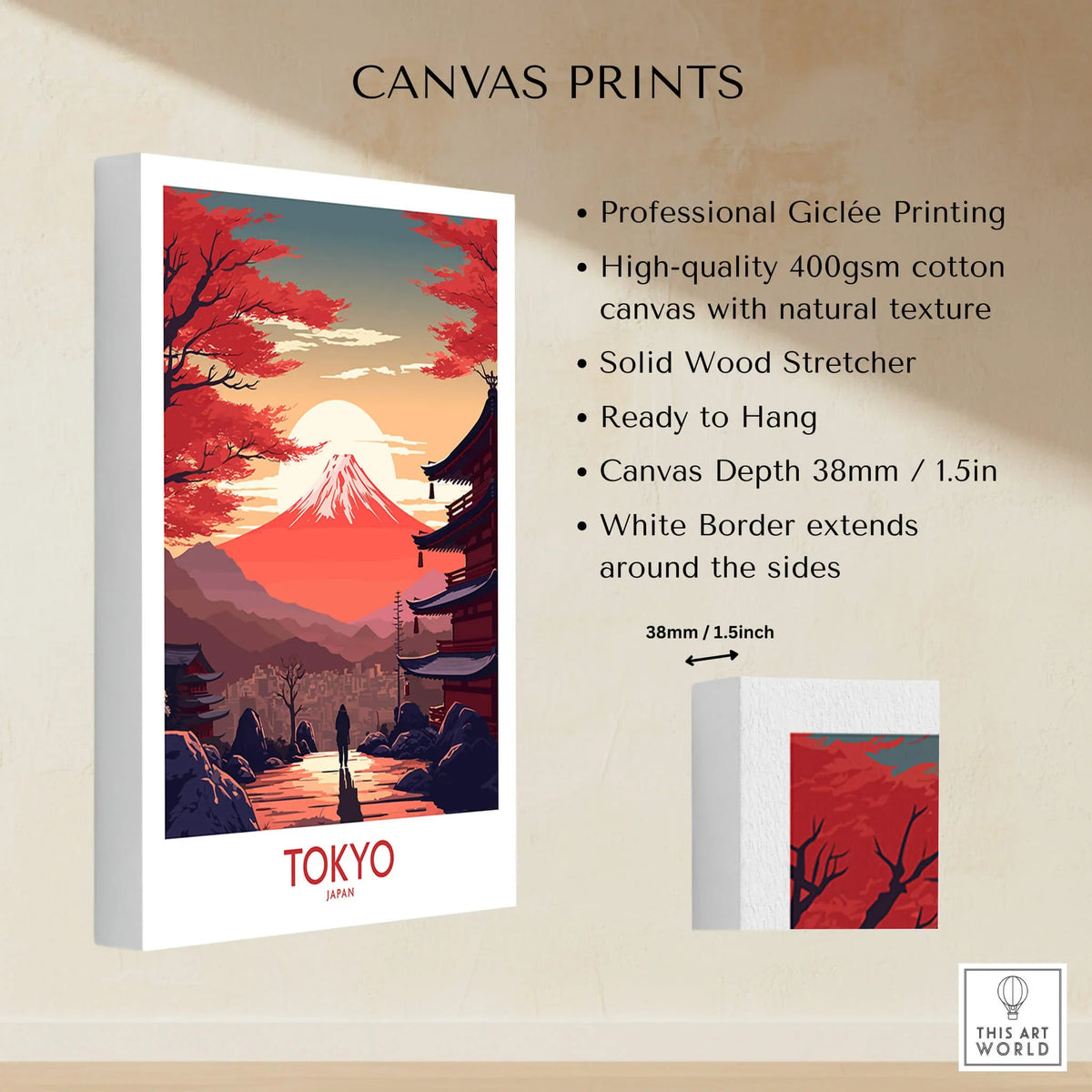 Tokyo Wall Art | Modern Style featuring Mount Fuji at sundown on a high-quality canvas print.