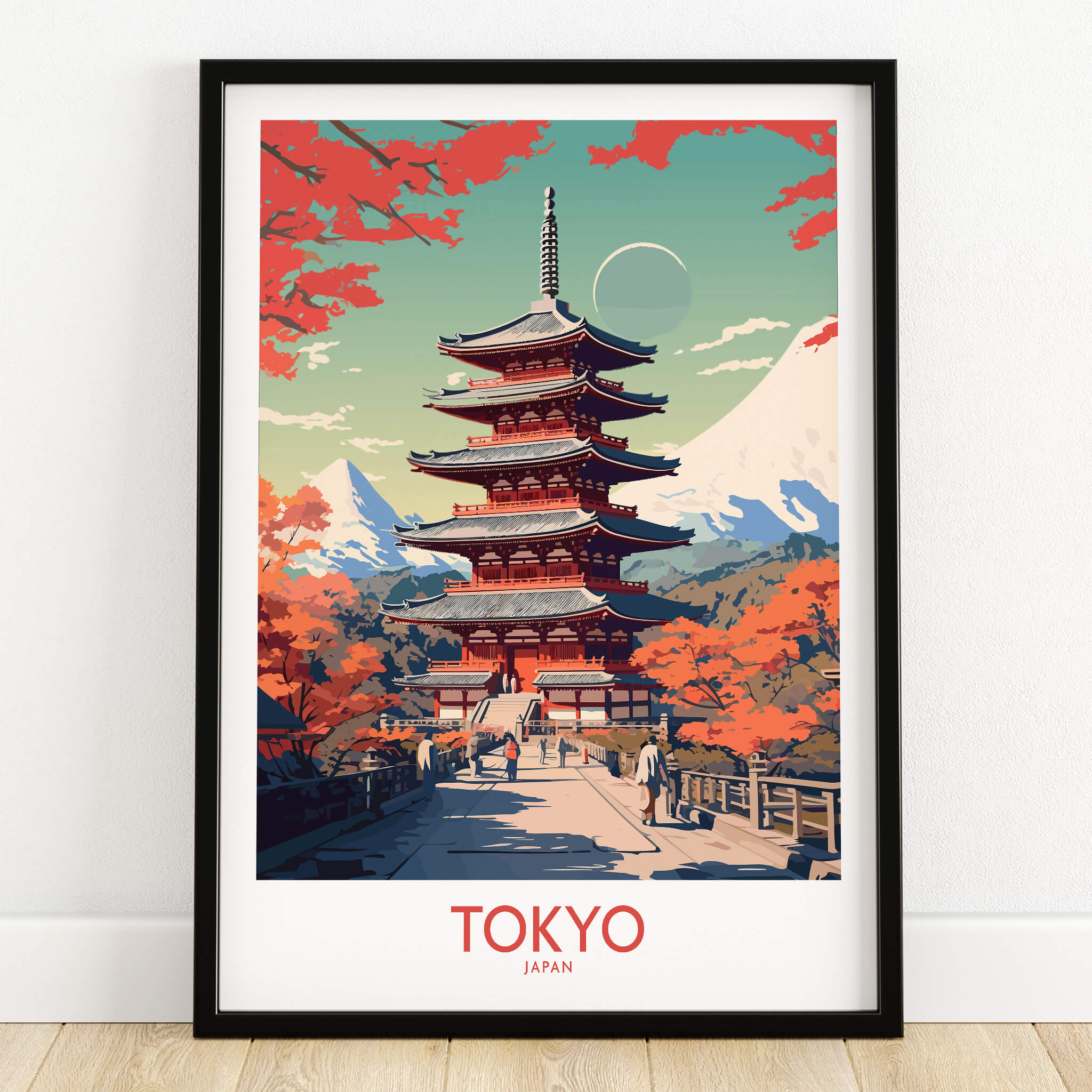 Tokyo Japan Poster | Modern Style featuring a beautiful pagoda surrounded by autumn foliage.