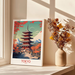 Tokyo Japan Poster | Modern Style featuring a vibrant pagoda surrounded by autumn foliage.