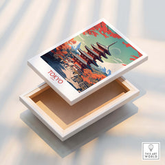 Tokyo Japan Poster | Modern Style art print on a wooden box showcasing vibrant Tokyo scenery.