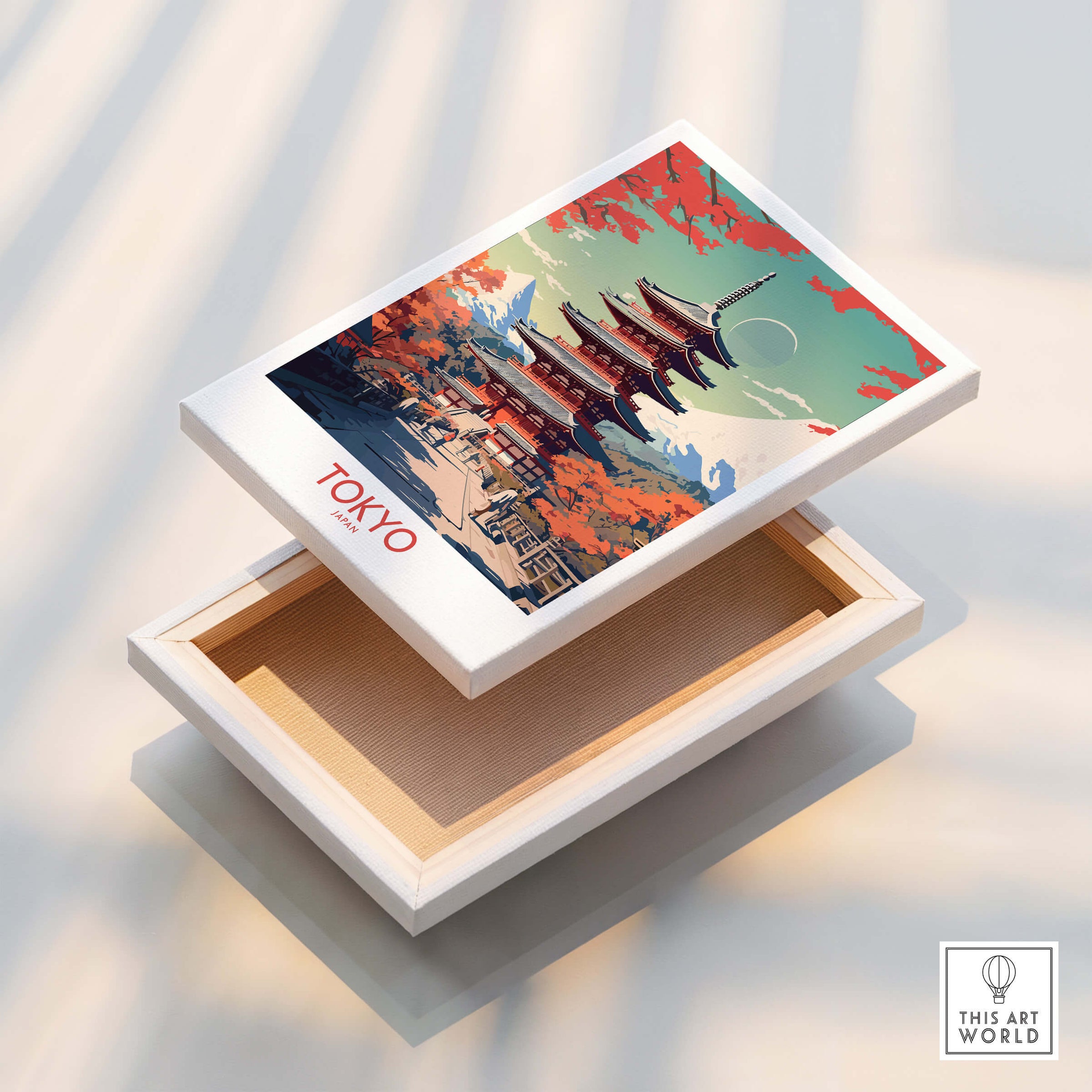 Tokyo Japan Poster | Modern Style art print on a wooden box showcasing vibrant Tokyo scenery.