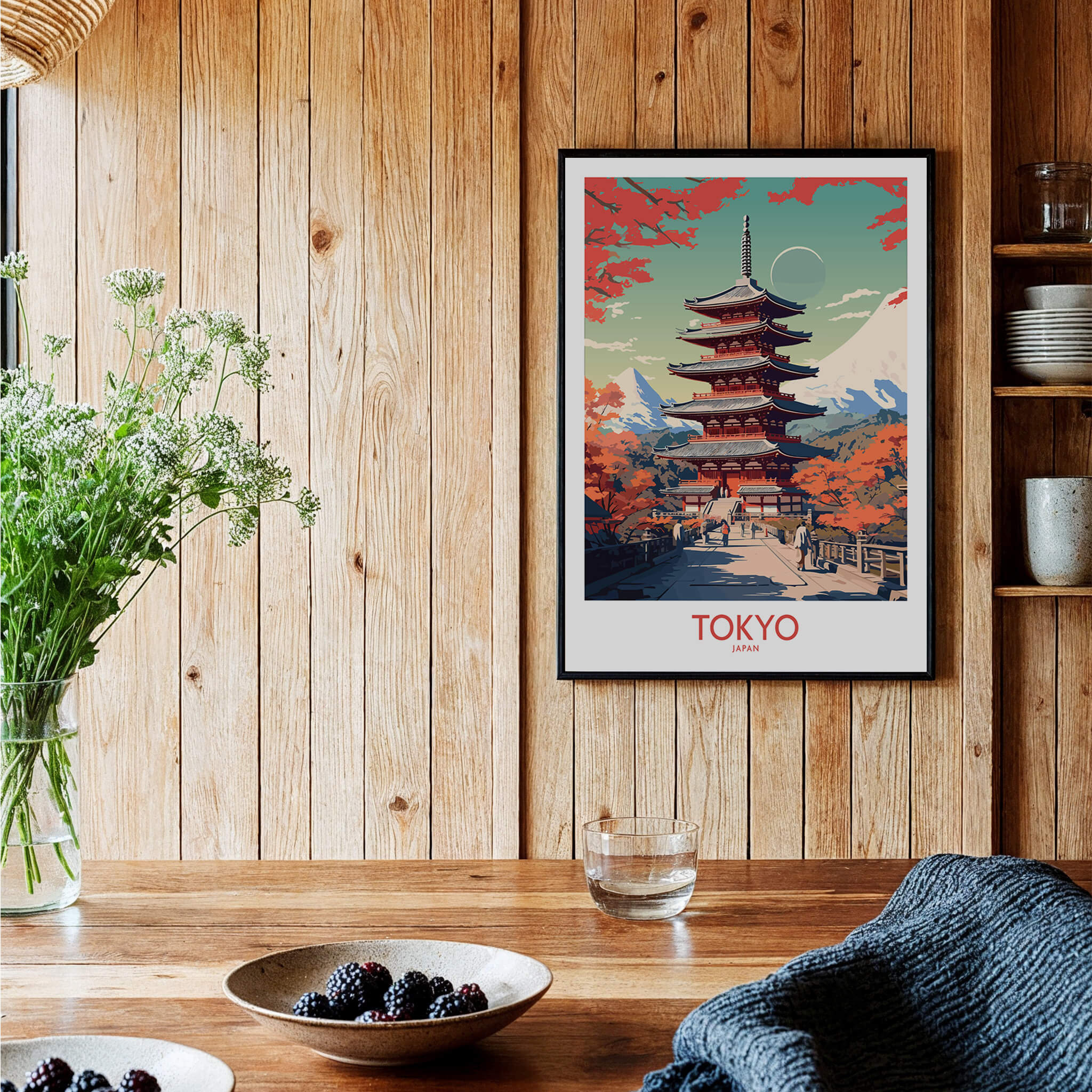 Tokyo Japan Poster | Modern Style featuring a pagoda in vibrant colors on a wooden wall decor.
