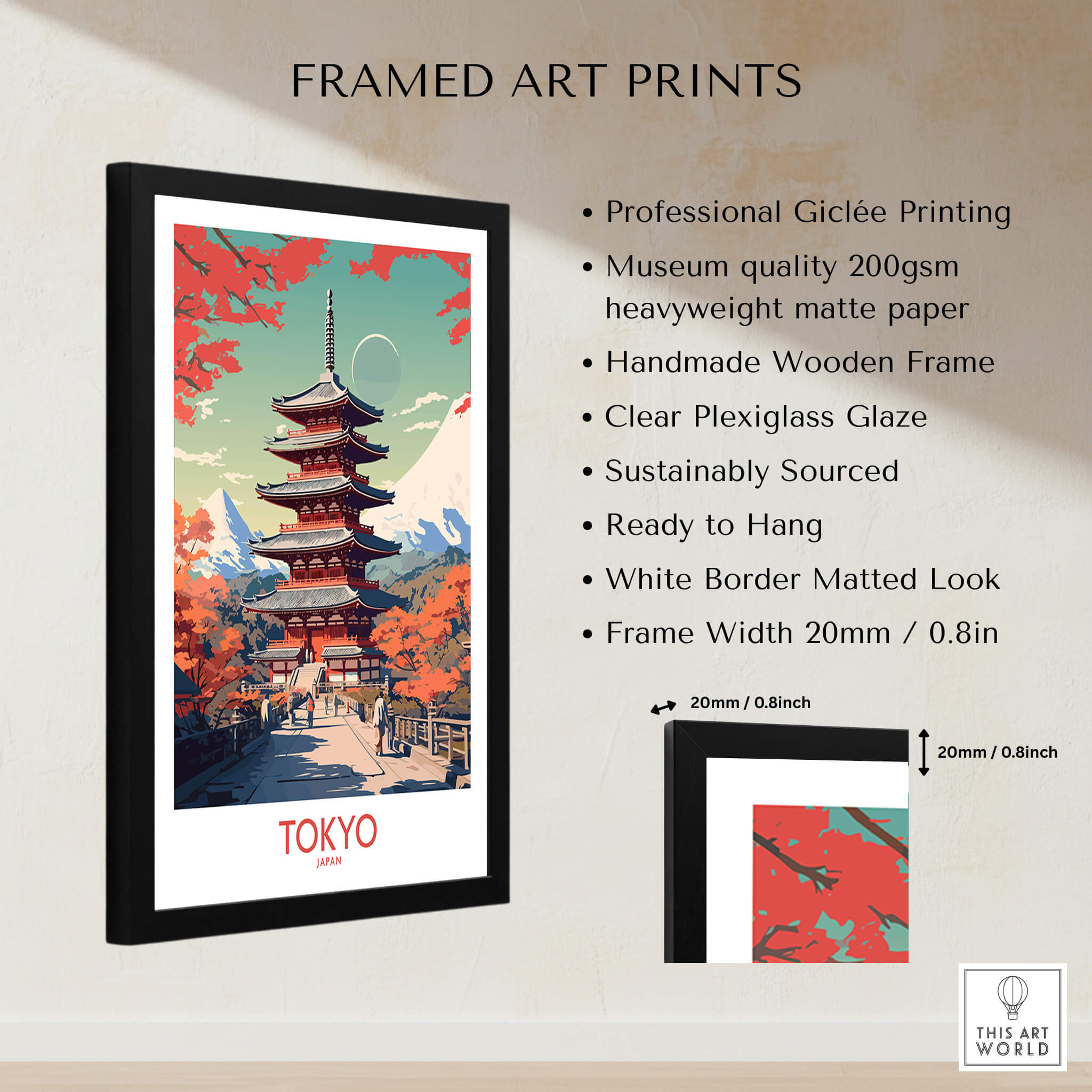 Tokyo Japan Poster | Modern Style featuring a framed art print of a traditional pagoda in vibrant colors.
