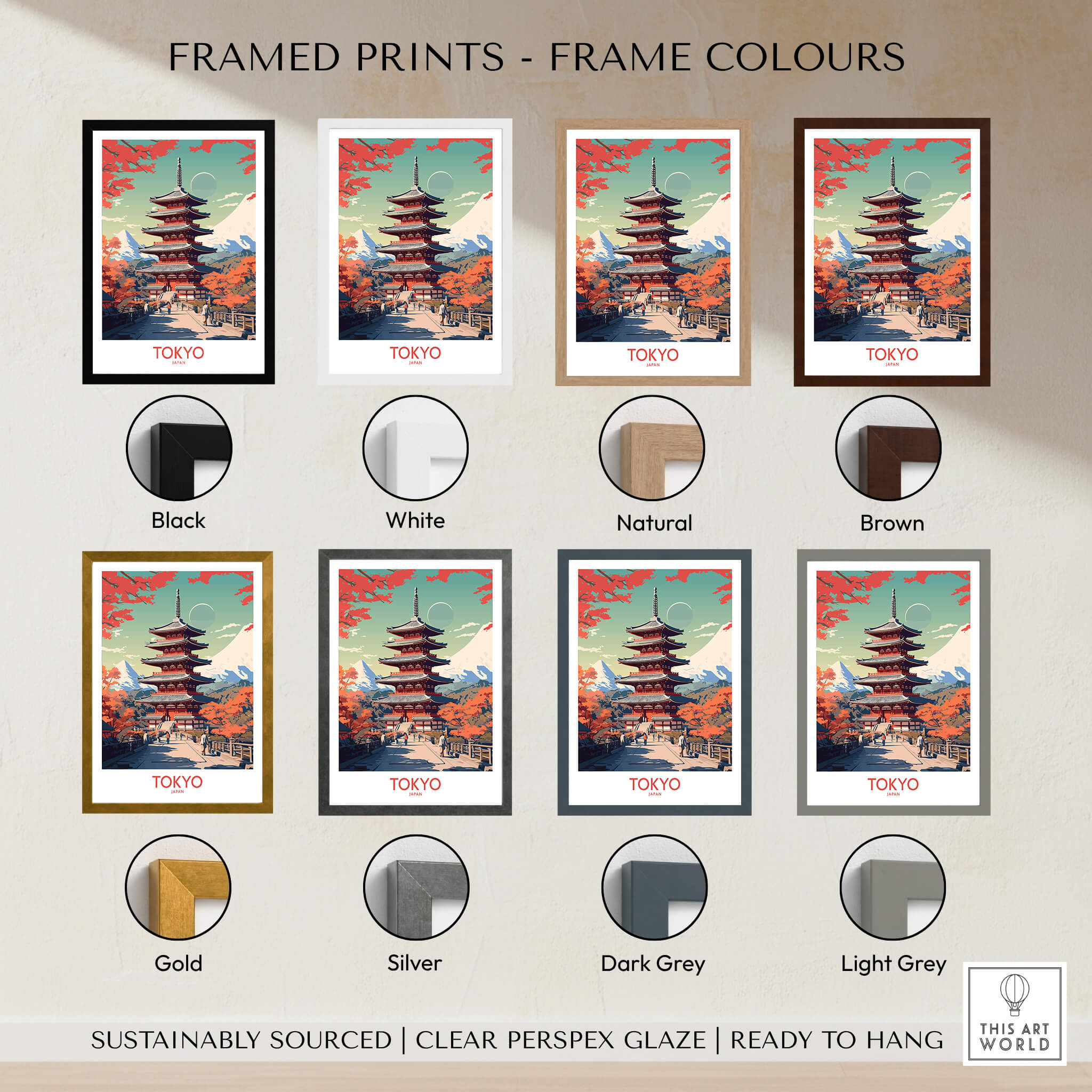 Tokyo Japan Poster | Modern Style framed print color options display with various frame styles.