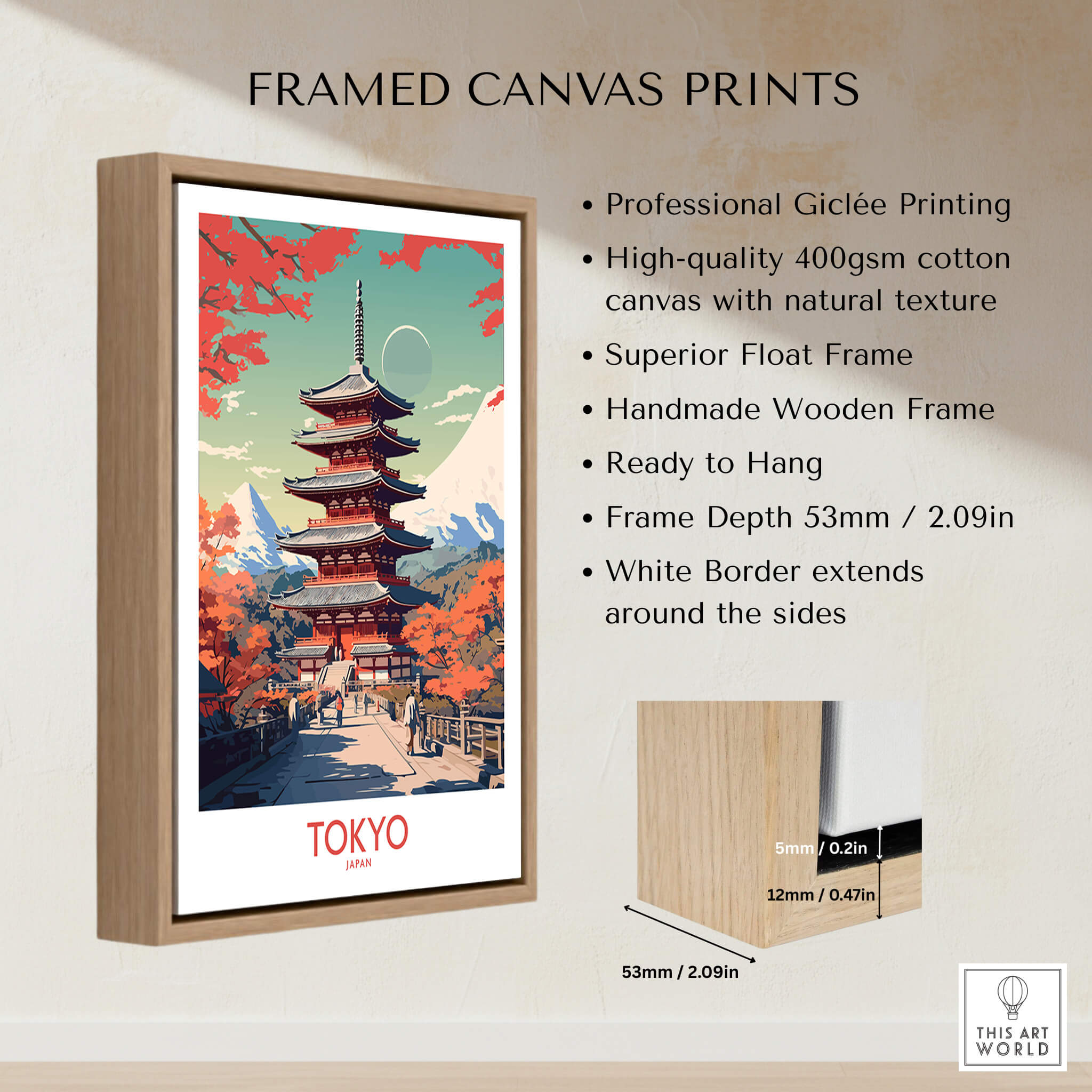 Tokyo Japan Poster | Modern Style framed canvas print showcasing vibrant colors and detailed design.