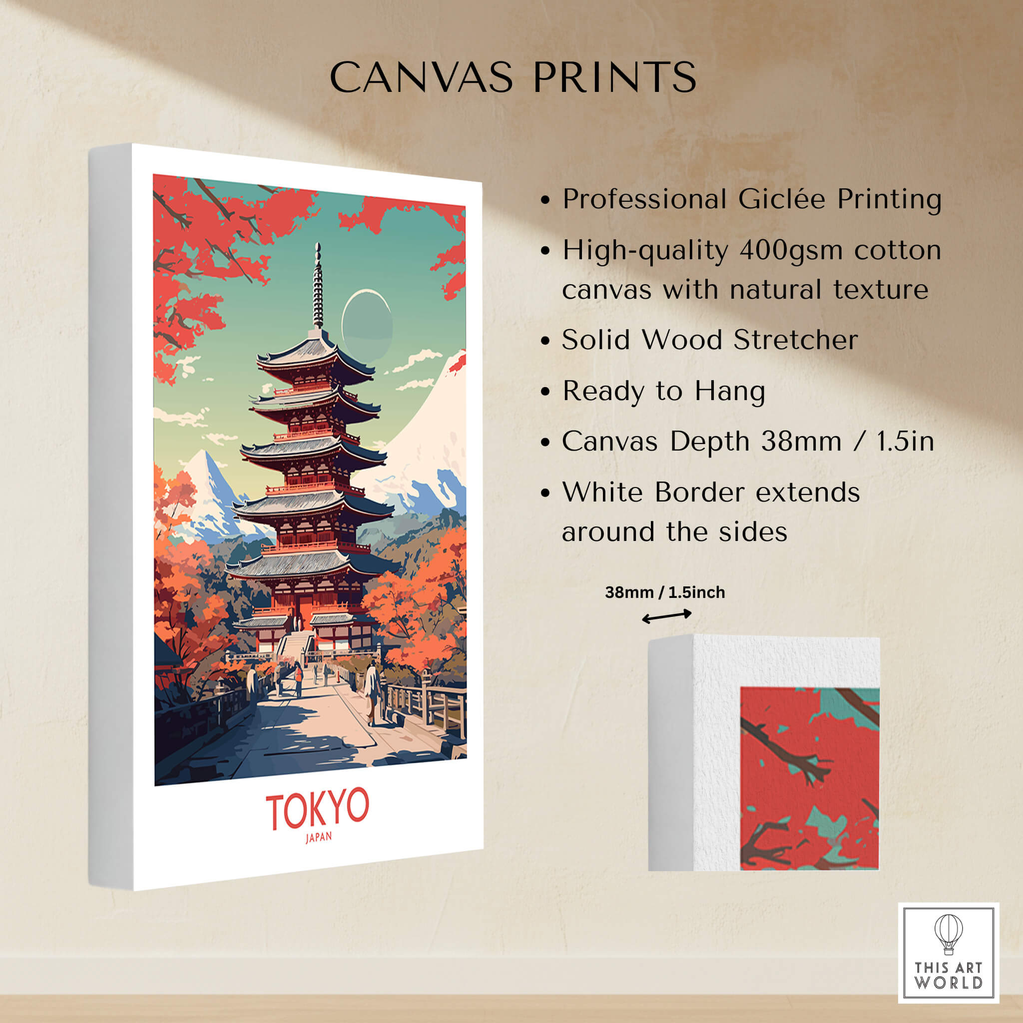 Tokyo Japan Poster | Modern Style showing professional Giclée printing and details of canvas print.