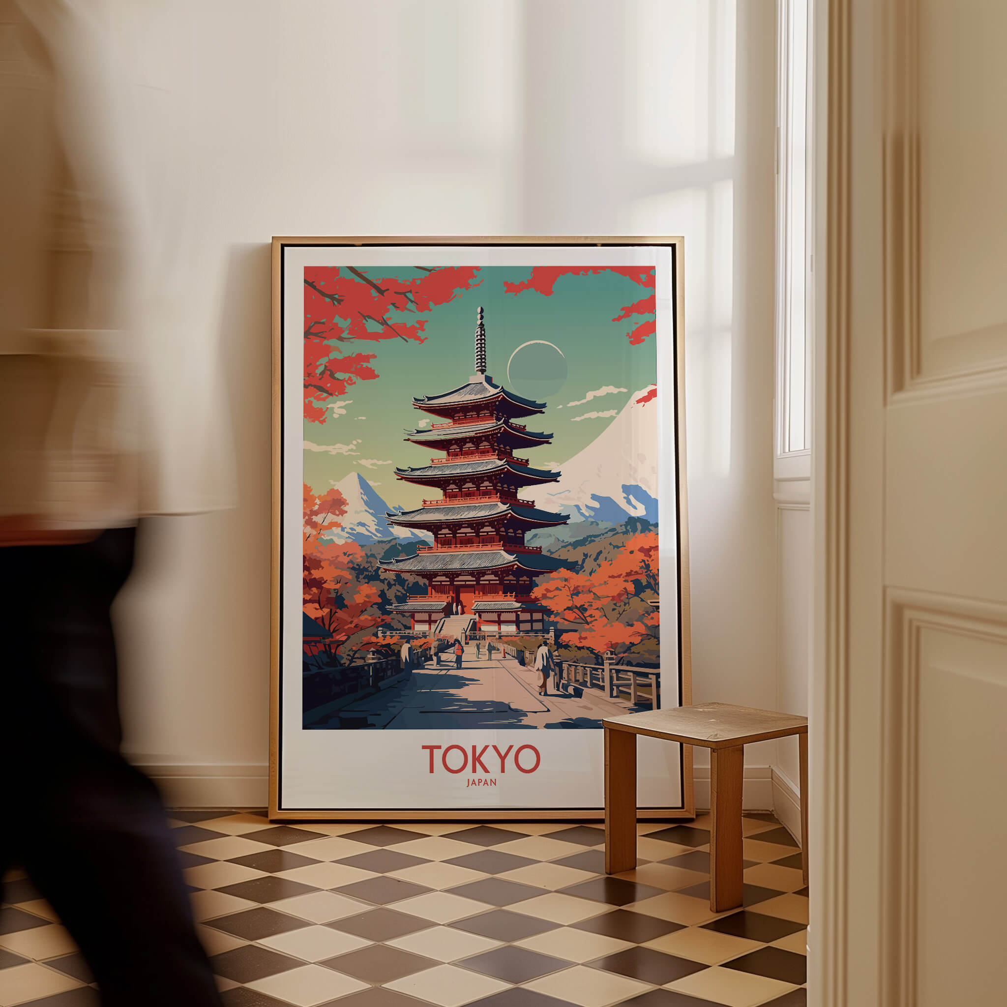 Tokyo Japan Poster | Modern Style showcasing a vibrant pagoda surrounded by autumn colors.