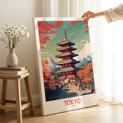Tokyo Japan Poster | Modern Style art print showcasing a vibrant pagoda surrounded by fall foliage.