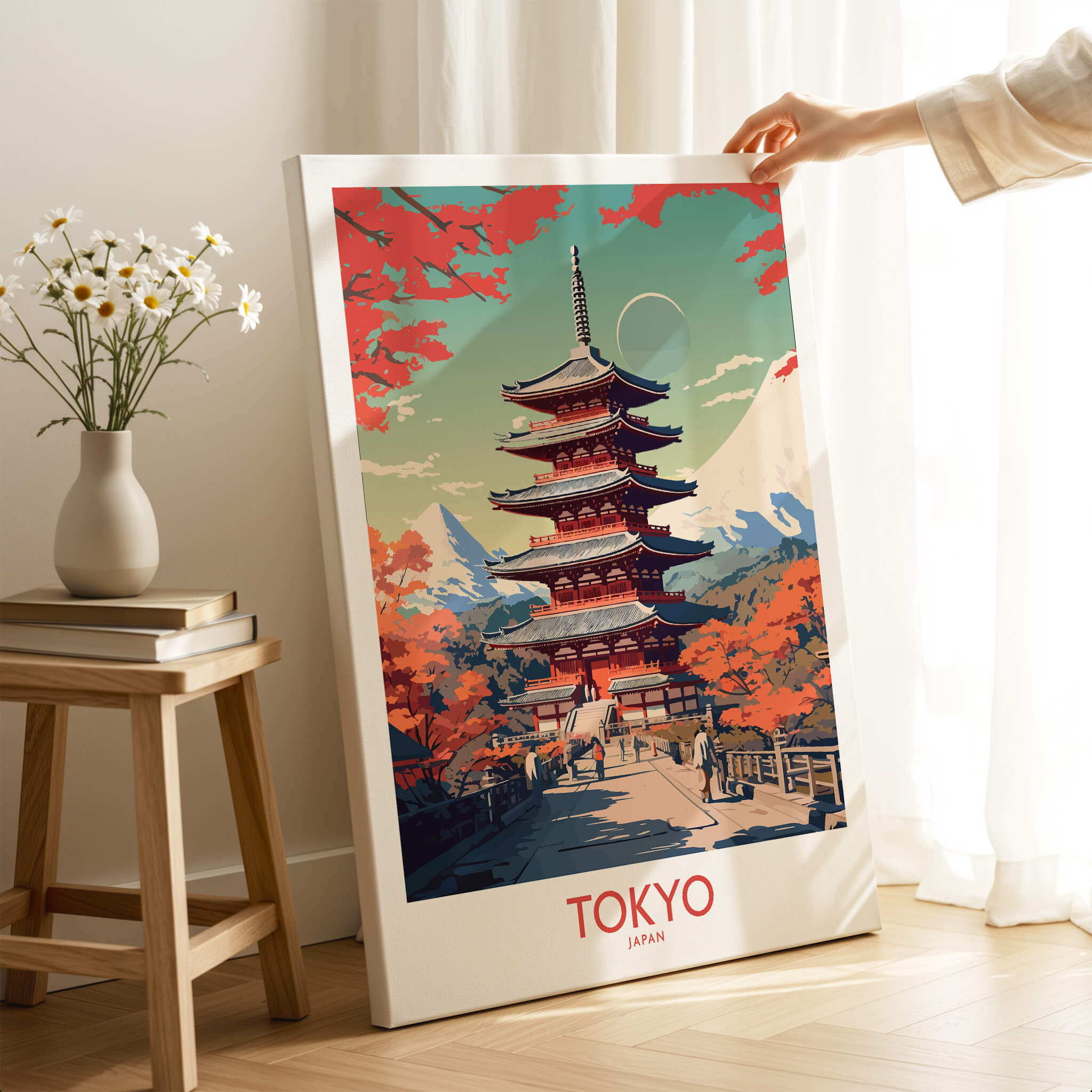 Tokyo Japan Poster | Modern Style art print showcasing a vibrant pagoda surrounded by fall foliage.