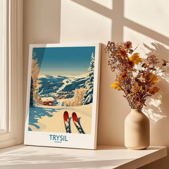 Trysil Ski Poster Norway showcasing snowy mountains and ski slopes, bringing the beauty of Trysil into your home.