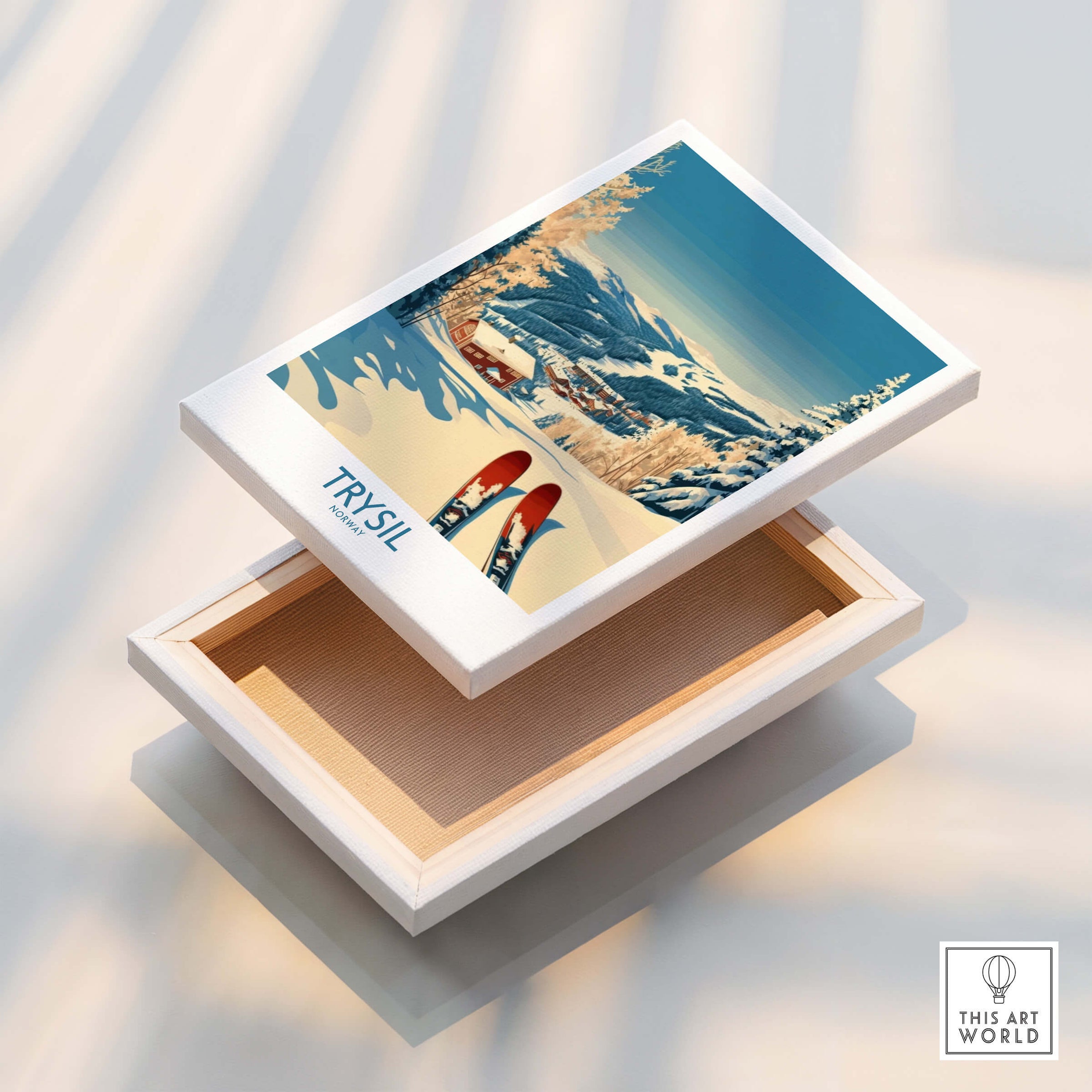 Trysil Ski Poster Norway displayed on a decorative box showcasing ski-themed artwork and winter scenery.