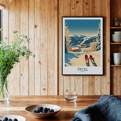 Trysil Ski Poster Norway showcasing snowy mountains and ski slopes in a cozy interior setting.