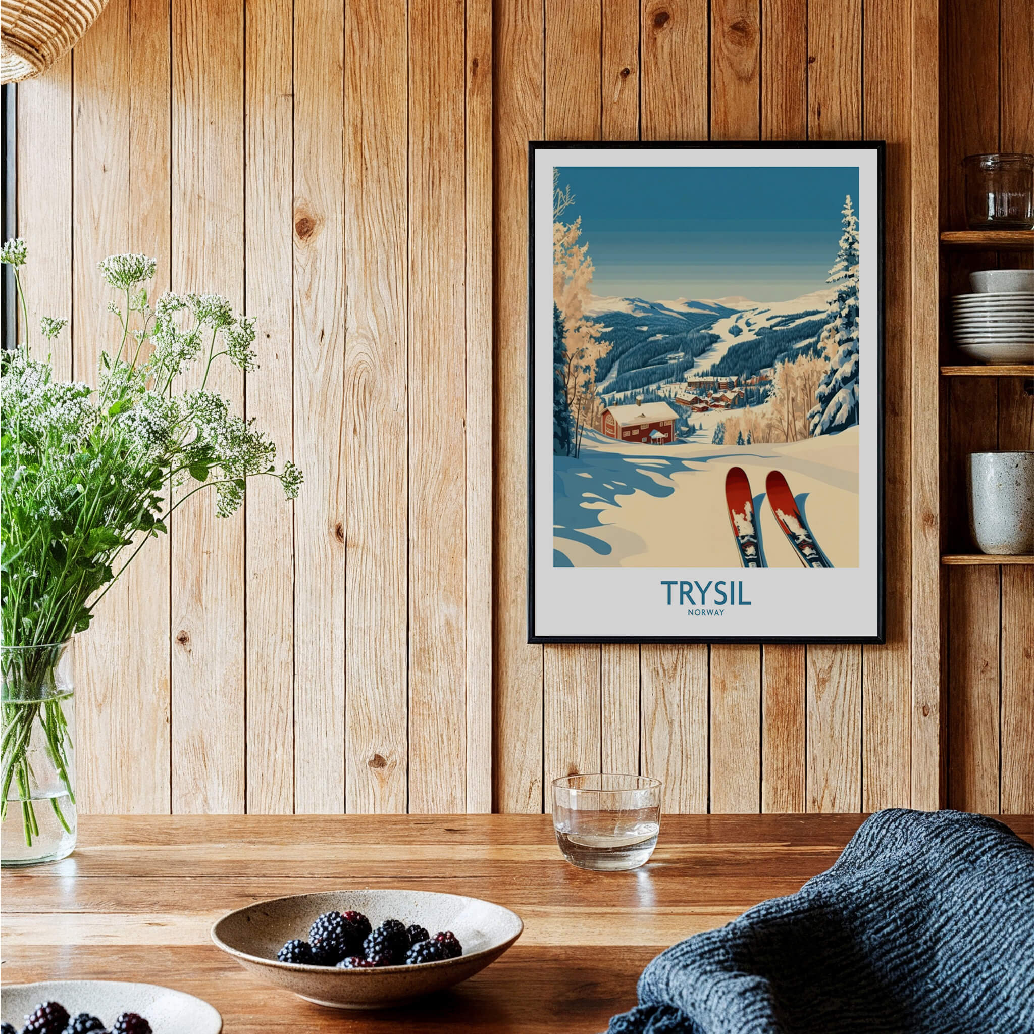 Trysil Ski Poster Norway showcasing snowy mountains and ski slopes in a cozy interior setting.
