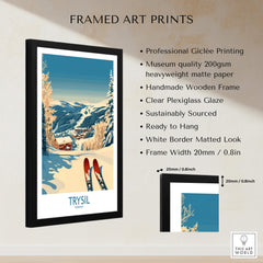 Trysil Ski Poster Norway framed art print featuring snow-covered mountains and skis.