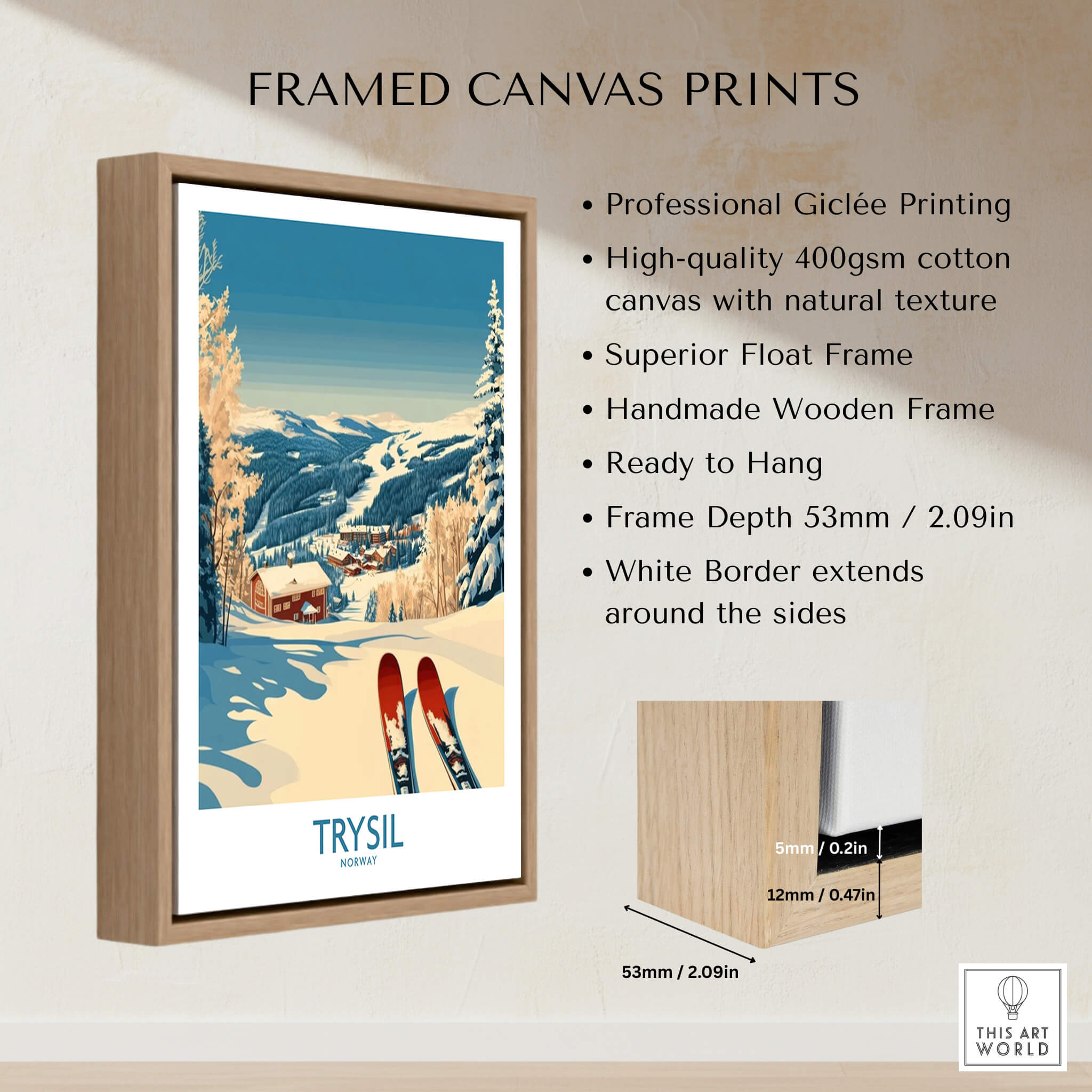 Trysil Ski Poster Norway framed canvas print showcasing professional giclée printing and natural texture.
