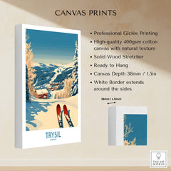 Trysil Ski Poster Norway displayed as a canvas print showcasing snowy mountains and ski slopes.
