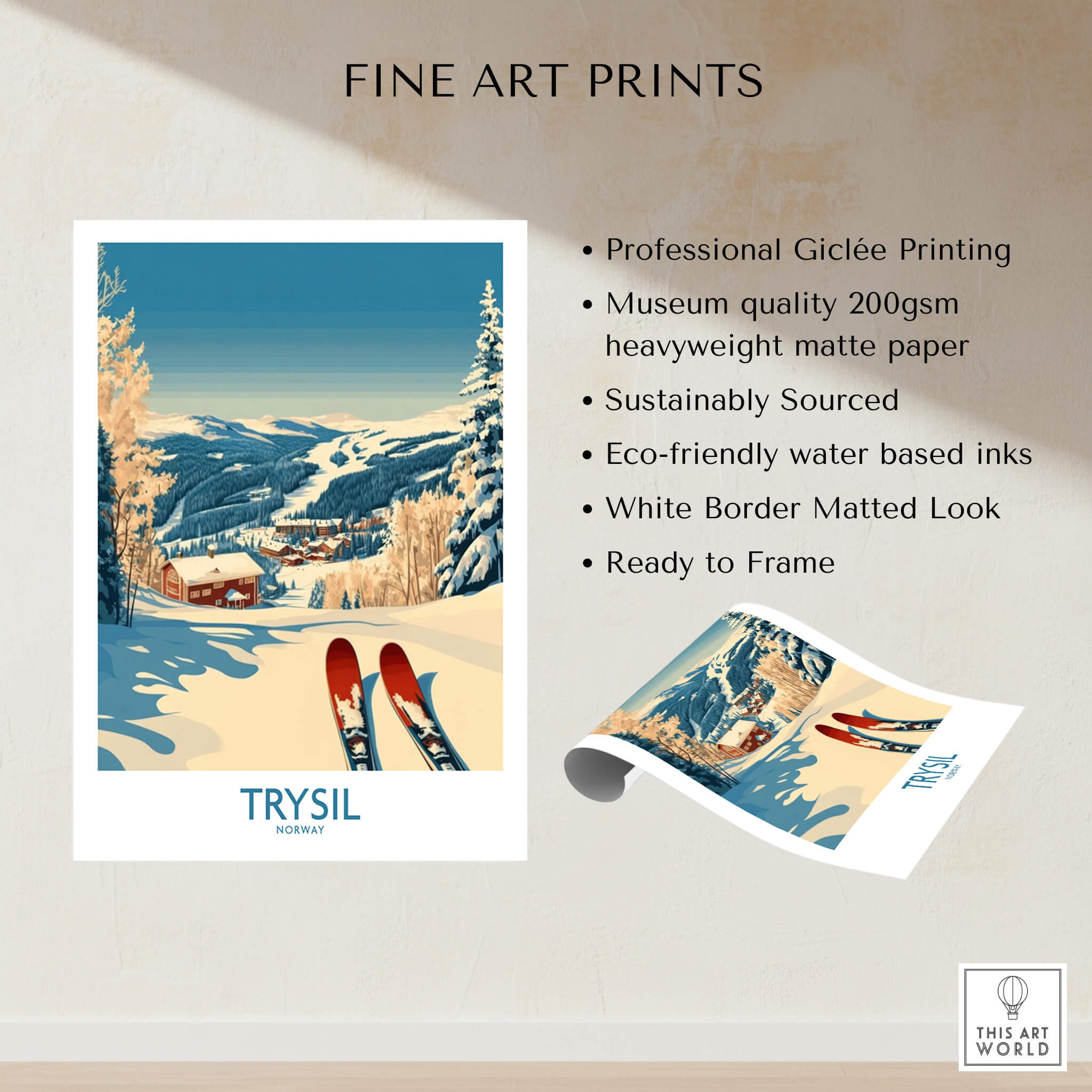 Trysil Ski Poster Norway showcasing skiing in Norway with snow-covered mountains and a beautiful landscape.