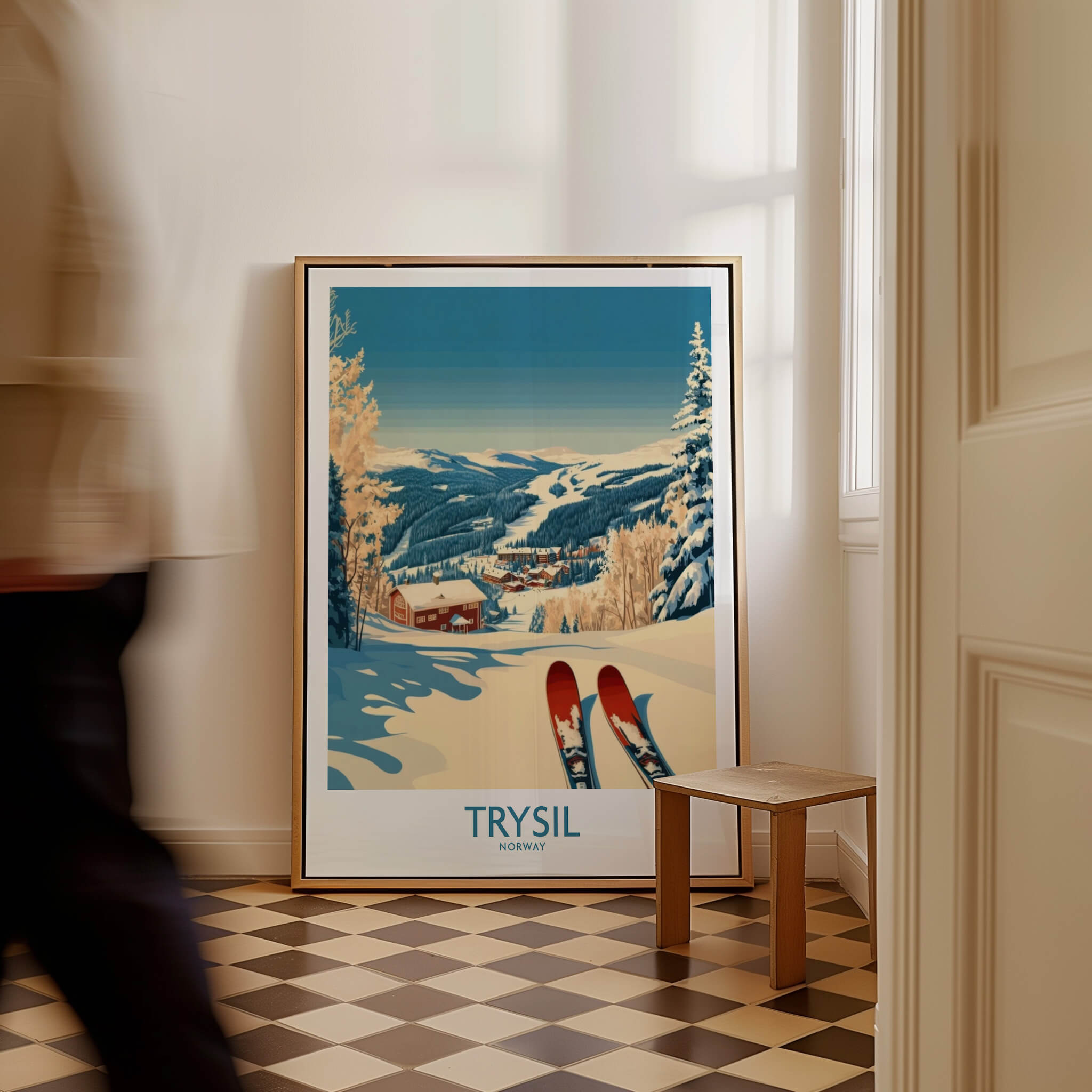 Trysil Ski Poster Norway featuring snow-covered mountains and ski slopes in a cozy room setting.