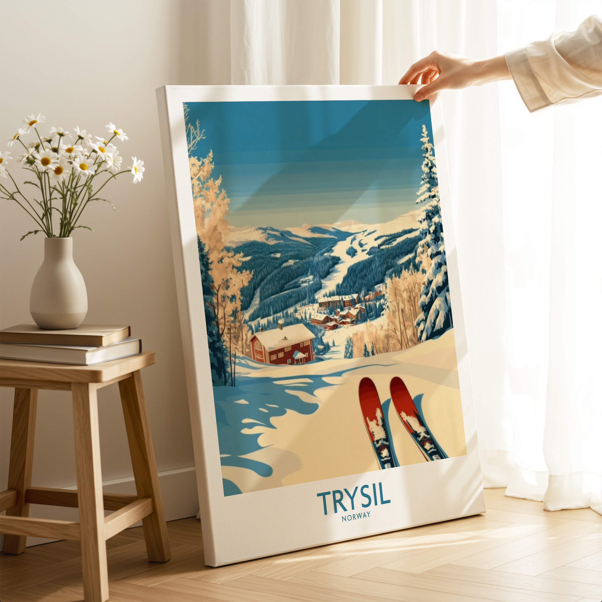 Trysil Ski Poster Norway showcasing snowy mountains and ski slopes in Trysil, Norway, perfect for winter sports enthusiasts.