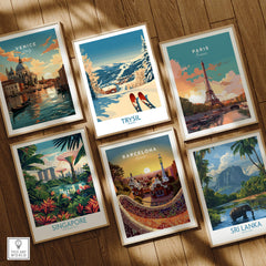 A collection of travel posters including Trysil Ski Poster Norway, showcasing beautiful landscapes from various destinations.