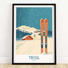 Trysil Ski Wall Art Poster featuring vibrant skis and a snowy landscape of Trysil, Norway