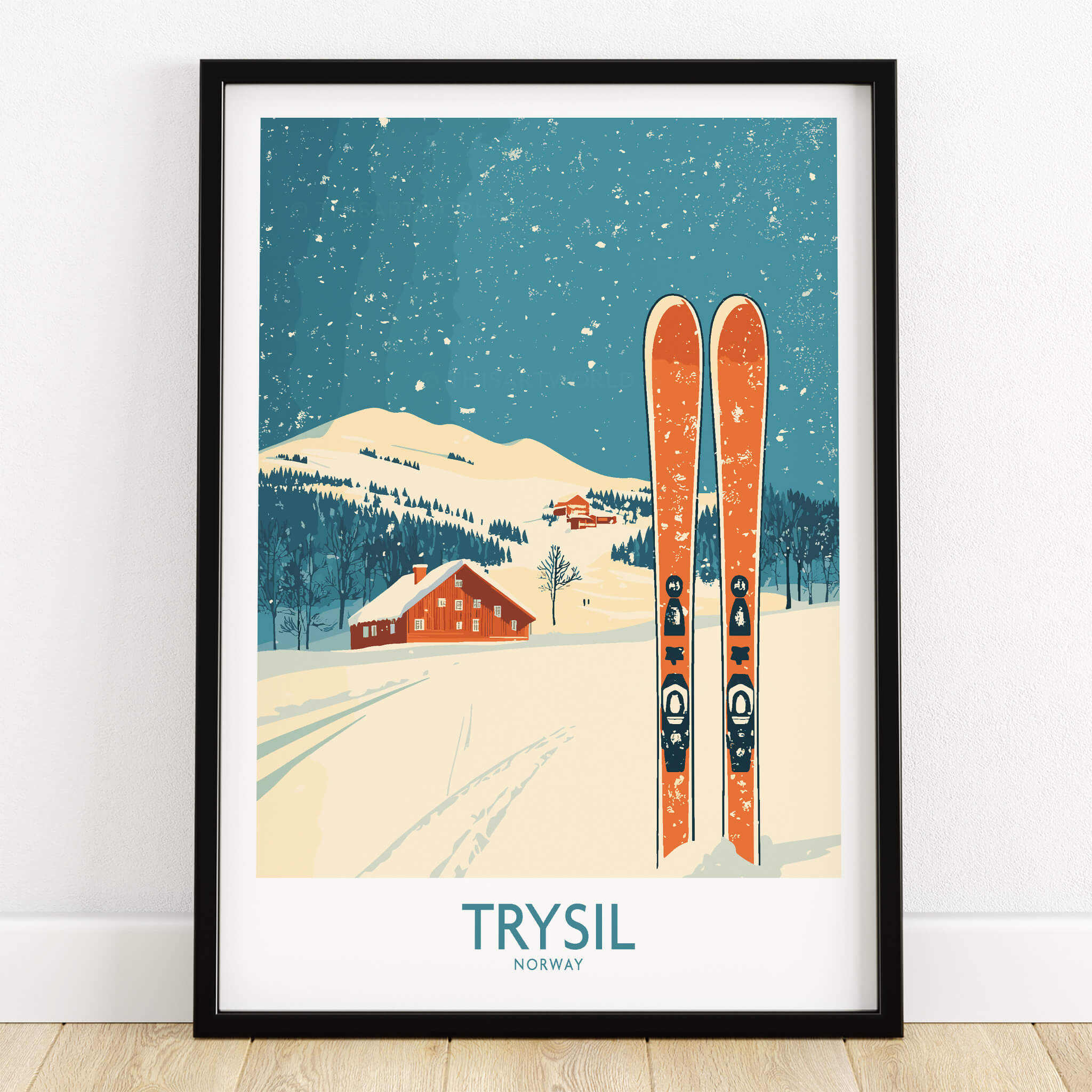 Trysil Ski Wall Art Poster featuring vibrant skis and a snowy landscape of Trysil, Norway