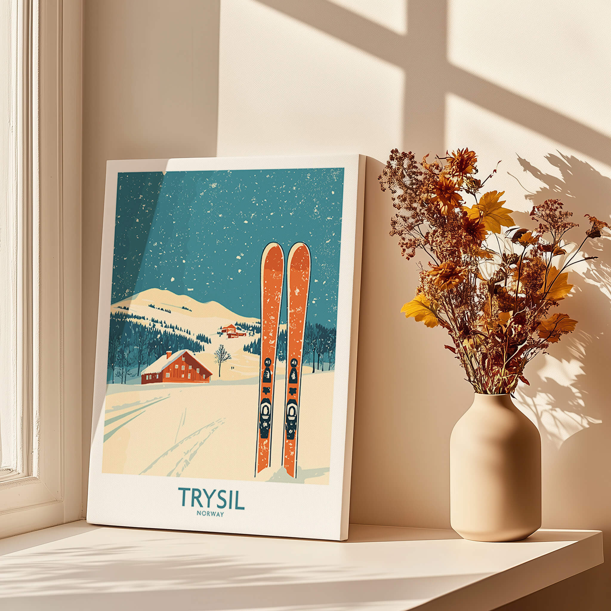 Trysil Ski Wall Art Poster showcasing a snowy mountain scene with skis, perfect for ski lovers and home decor.