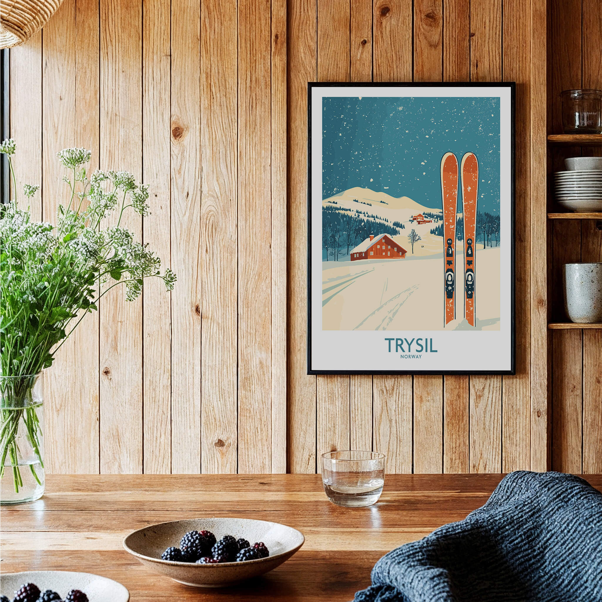 Trysil Ski Wall Art Poster showcasing Norway's ski resort with vintage skis and snow in a cozy home setting.