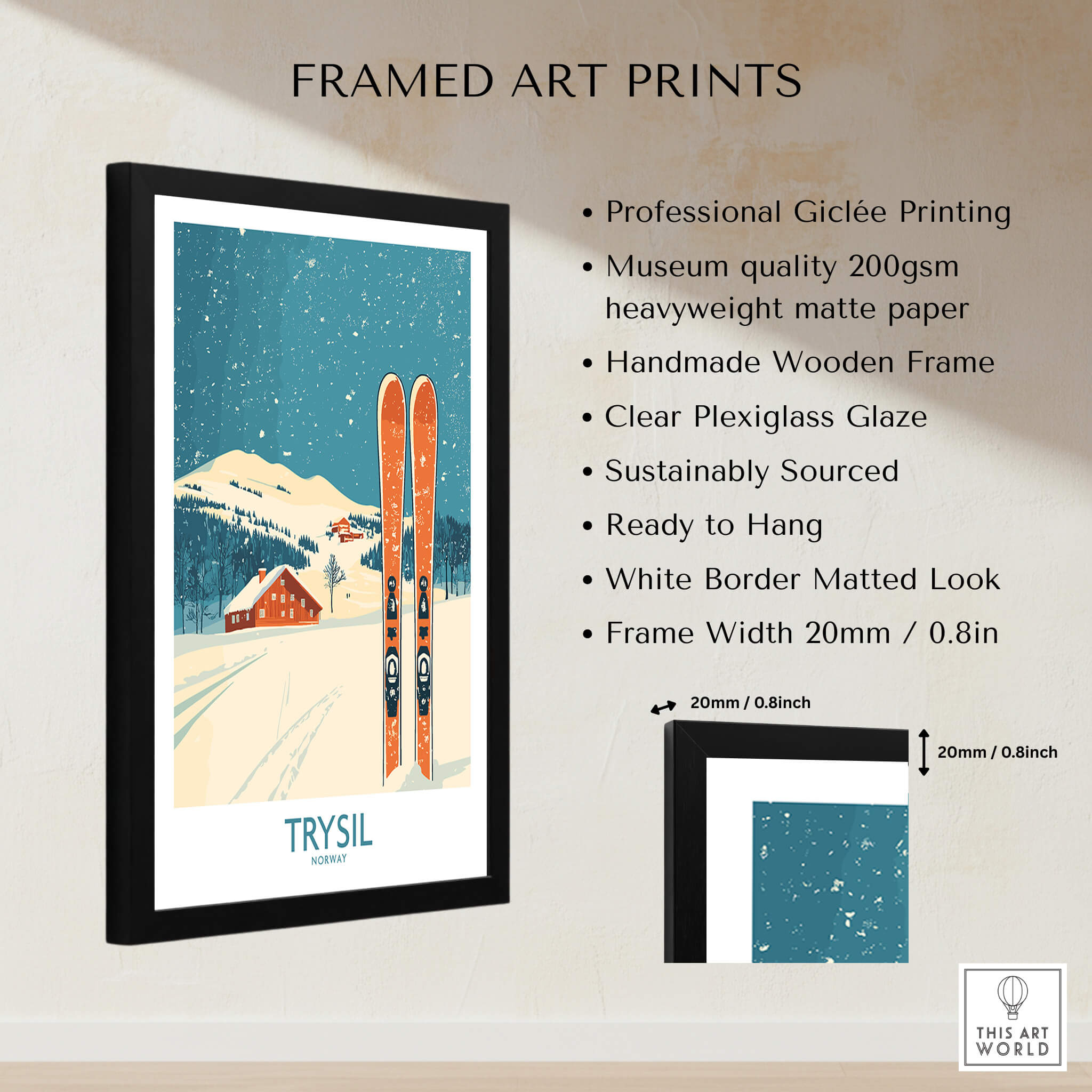Trysil Ski Wall Art Poster framed print featuring skis and snowy mountains with museum quality giclée printing.