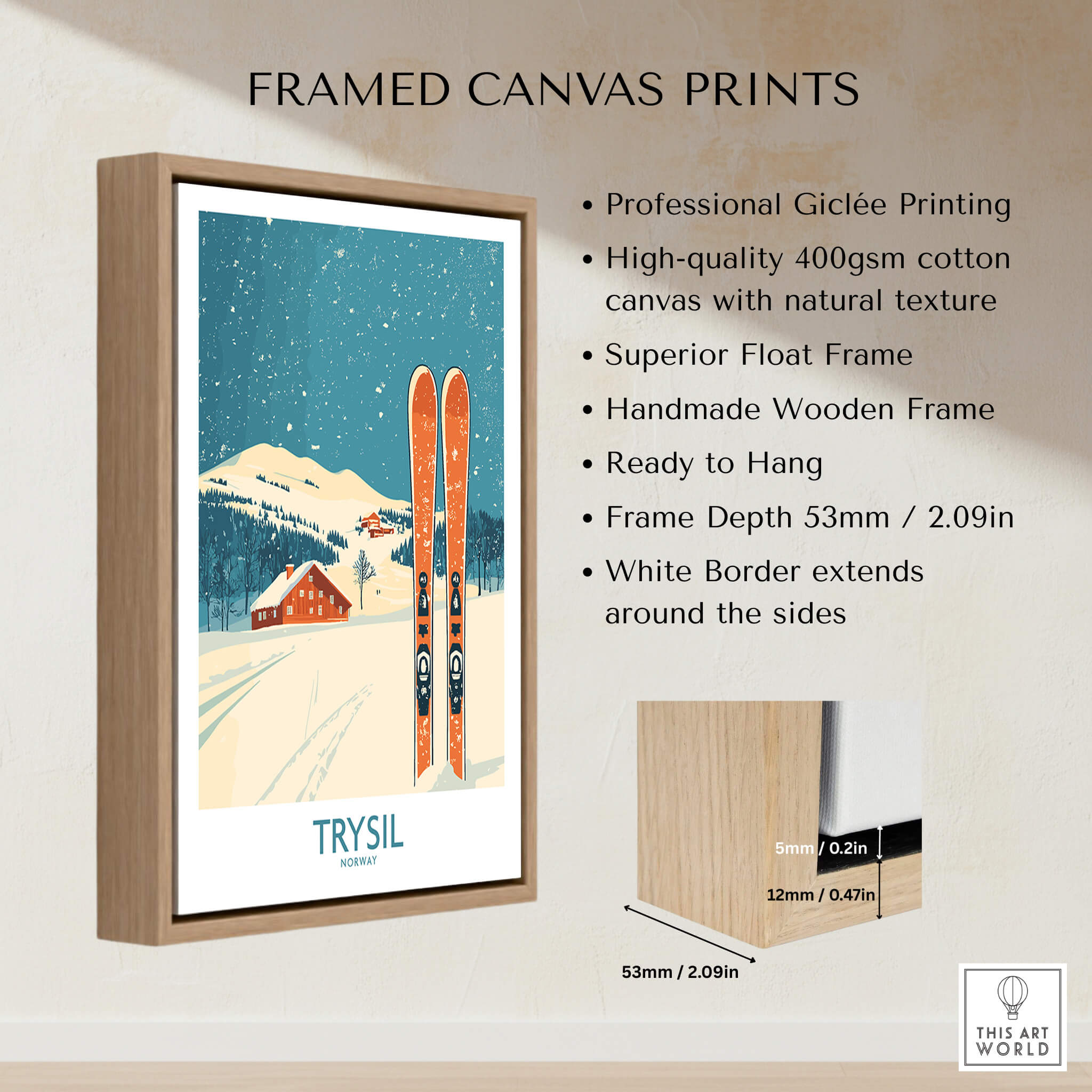 Trysil Ski Wall Art Poster framed canvas print showcasing professional Giclée printing and handmade wooden frame.