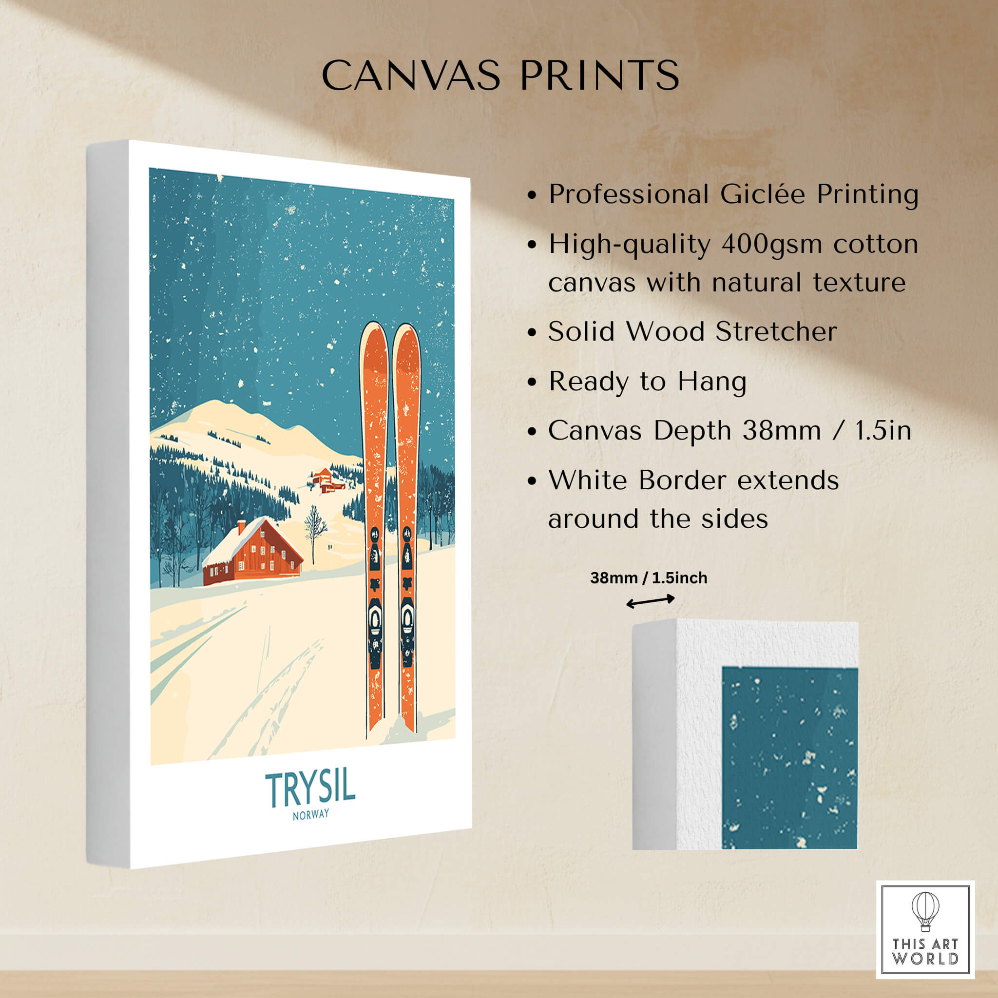 Trysil Ski Wall Art Poster showcasing professional Giclée printing and high-quality canvas for an adventurous decor.