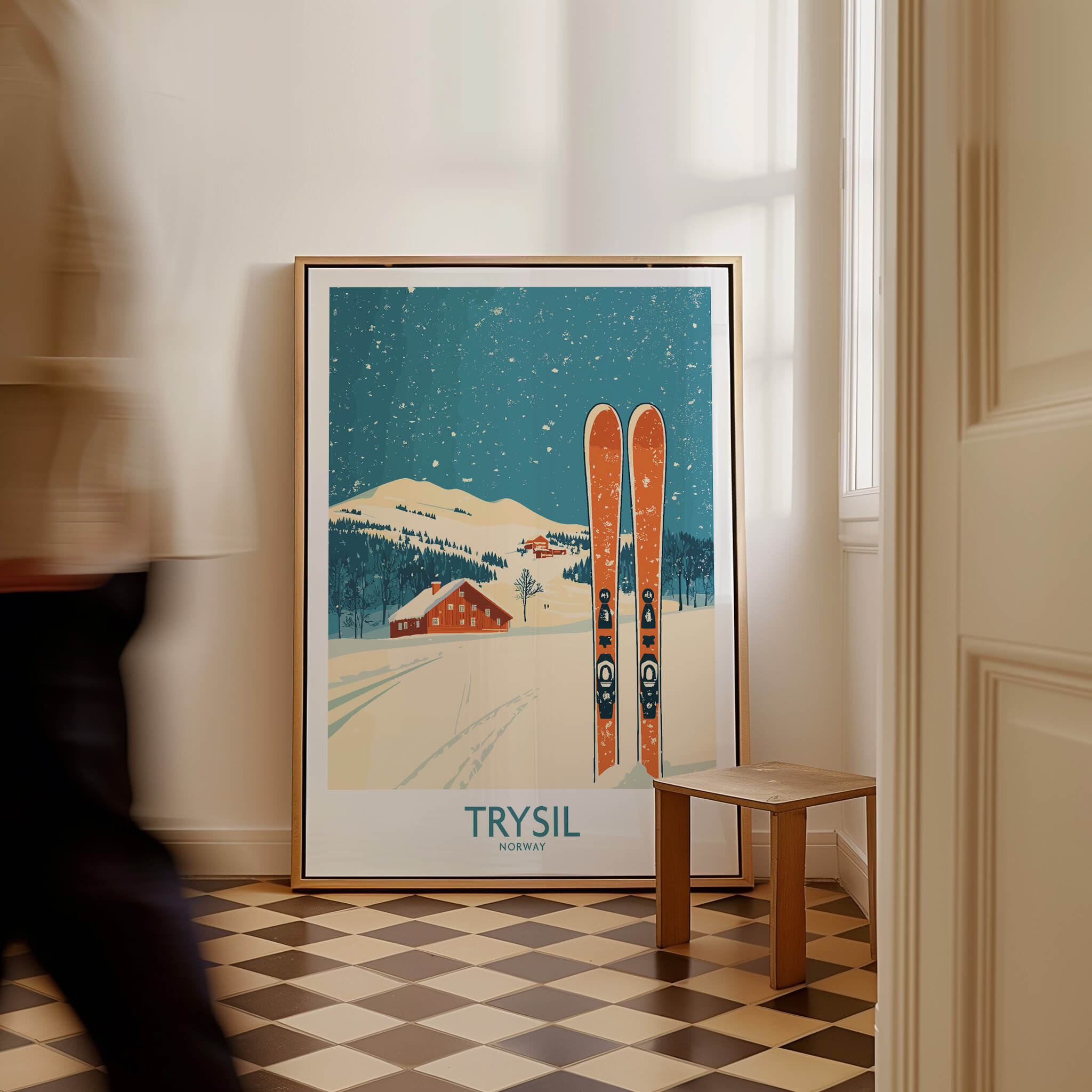 Trysil Ski Wall Art Poster displayed in a stylish room with skis, showcasing Norway's scenic Trysil resort.