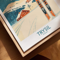 Trysil Ski Wall Art Poster showcasing a picturesque winter scene in Trysil, Norway with ski tracks and a cozy cabin.