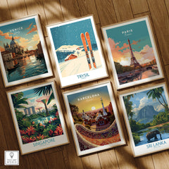 Trysil Ski Wall Art Poster featuring skis and snowy landscape, part of a multi-destination travel art collection.