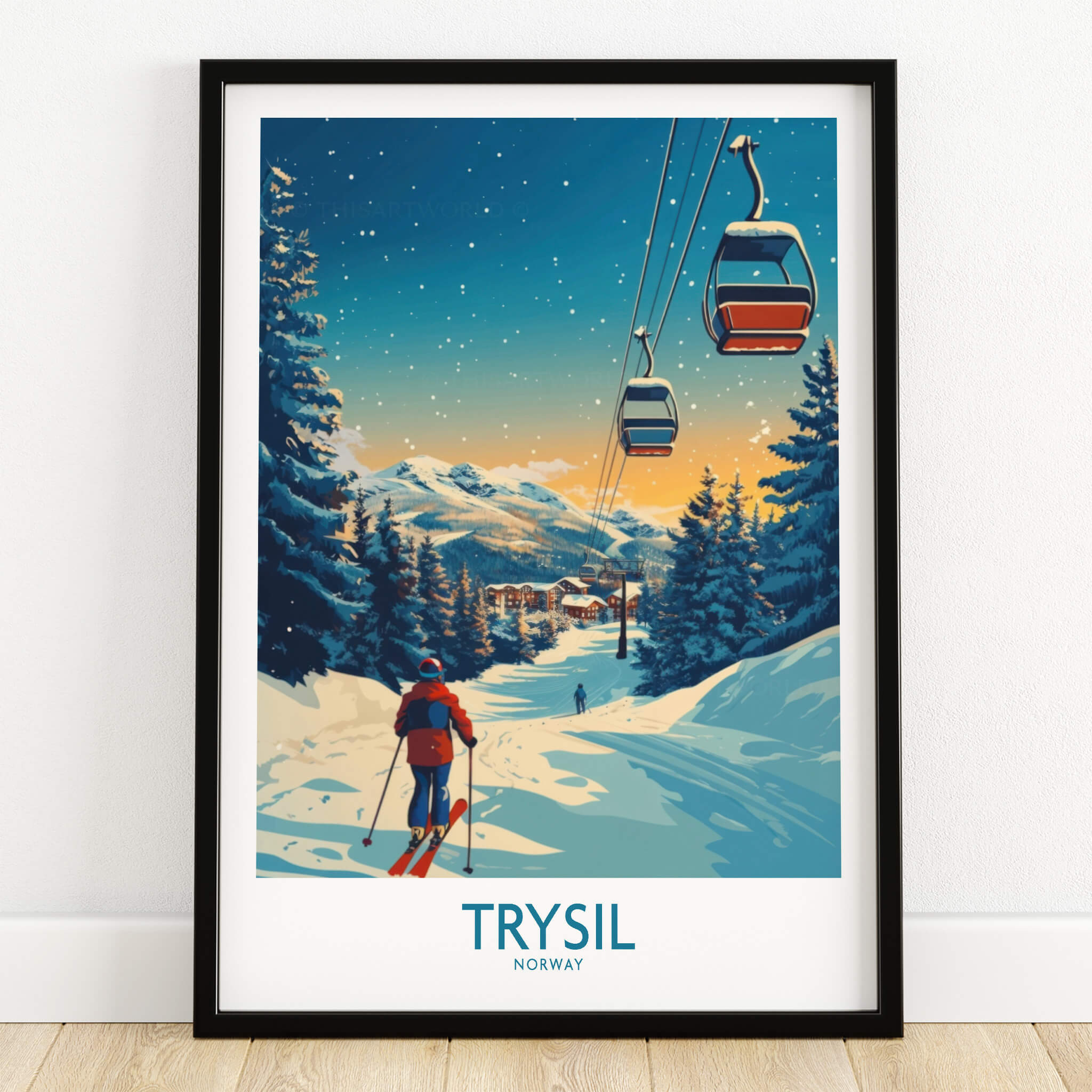 Trysil Poster Norway showcasing a skier and ski lift in beautiful mountainous scenery of Trysil, Norway.