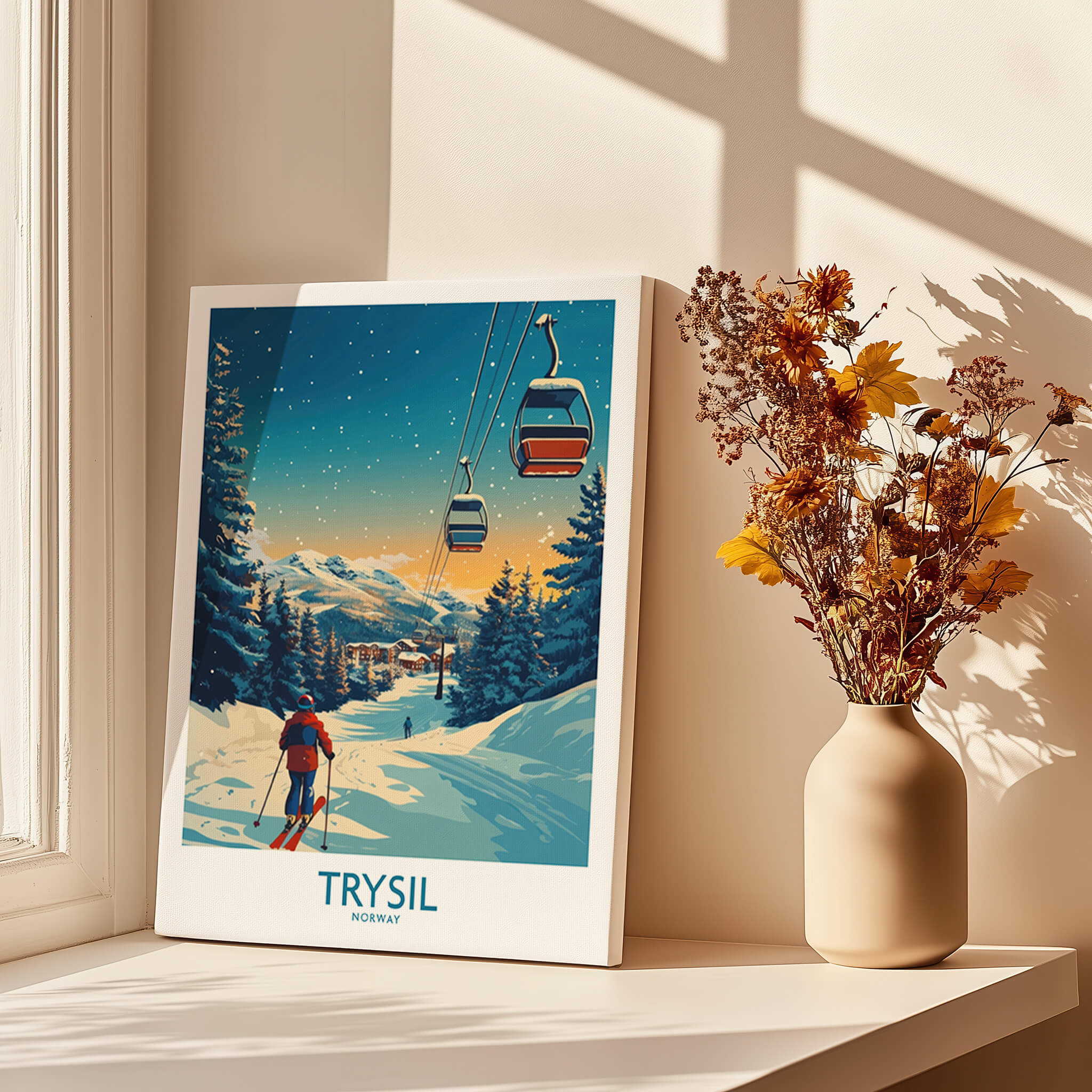 Trysil Poster Norway featuring a skier and ski lifts against a beautiful mountain backdrop