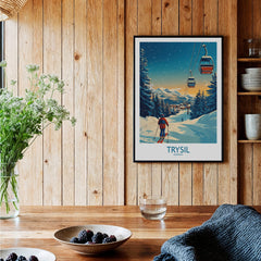 Trysil Poster Norway showcasing a skier on slopes with mountains and ski lift, perfect for ski enthusiasts.