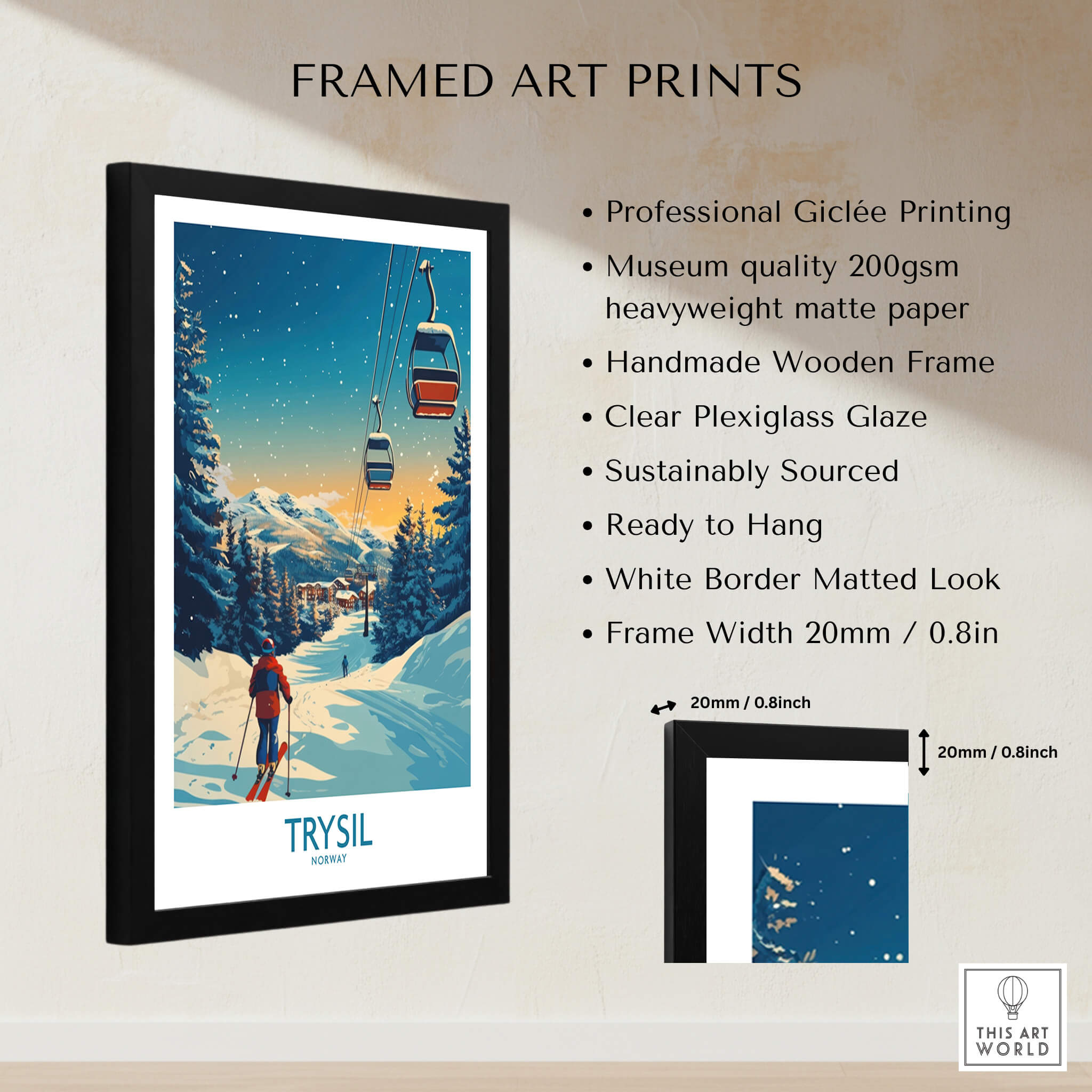 Trysil Poster Norway framed art print featuring ski scene and gondola against mountain backdrop.