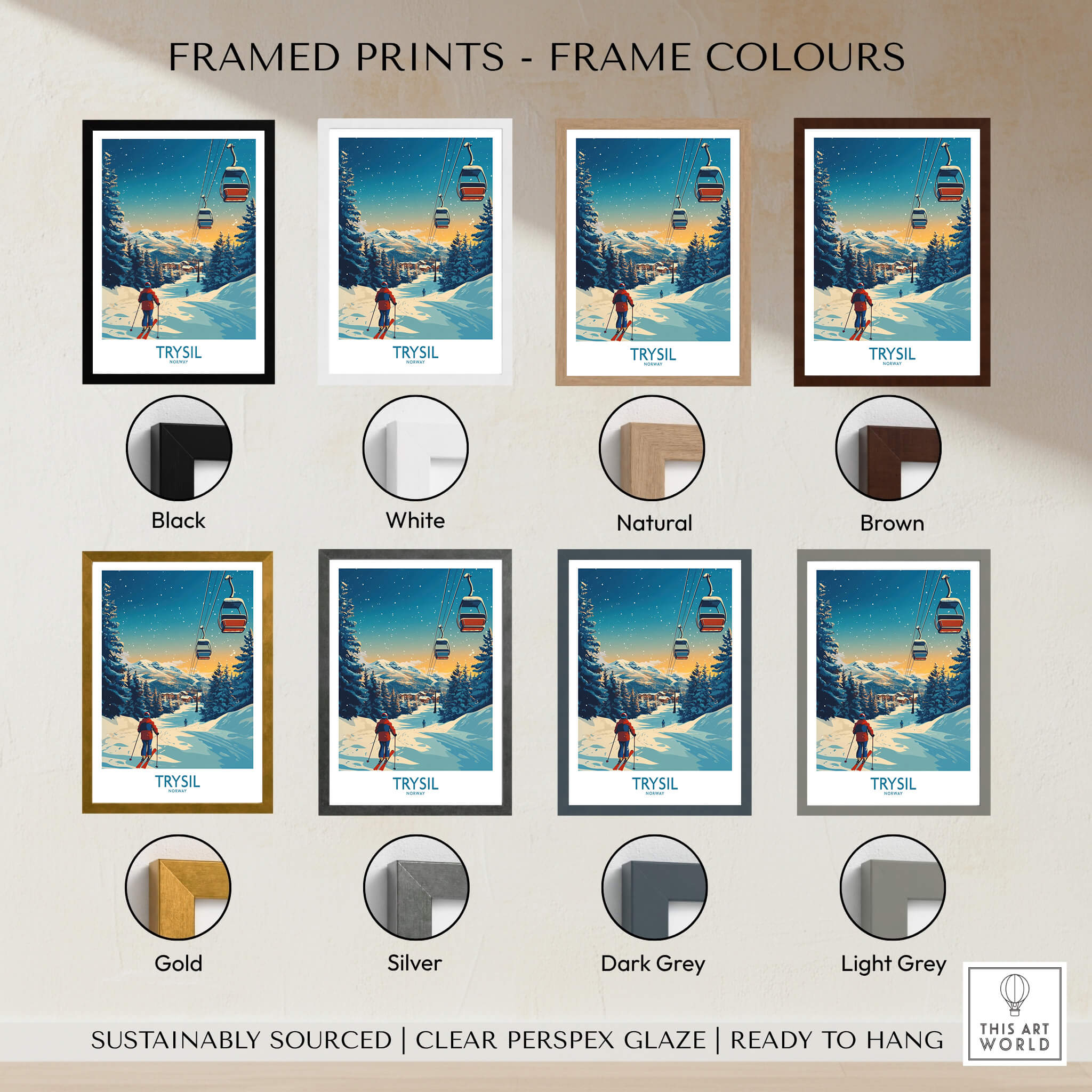 Framed prints of Trysil Poster Norway available in various colors including black, white, natural, brown, gold, and silver.
