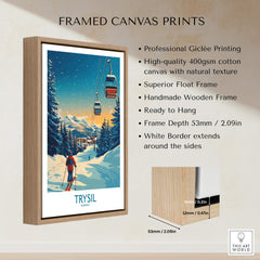 Framed canvas print of the Trysil Poster Norway showcasing a snowy mountain scene with a skier.
