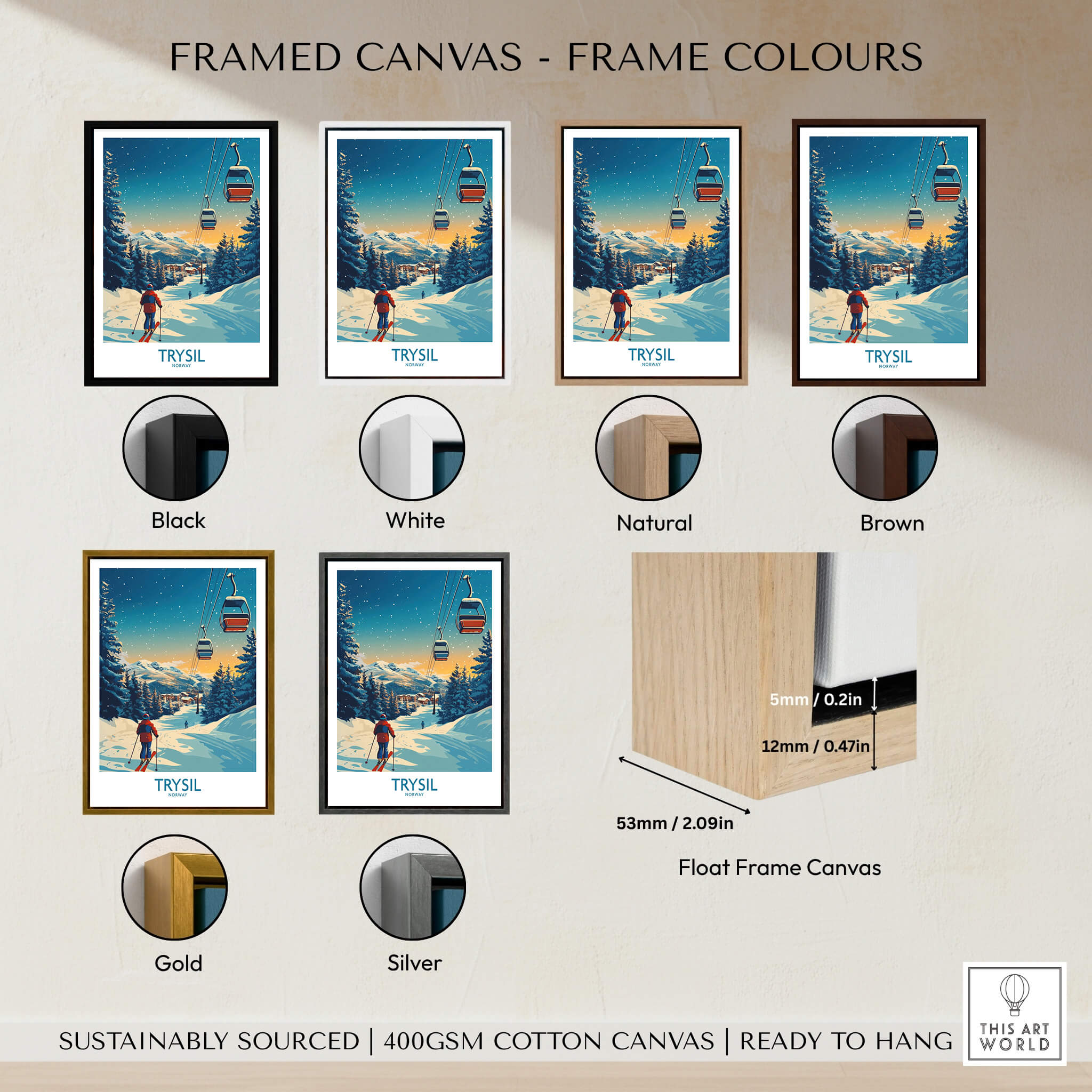 Framed Trysil Poster Norway canvas prints in various frame colors: black, white, natural, brown, gold, silver.